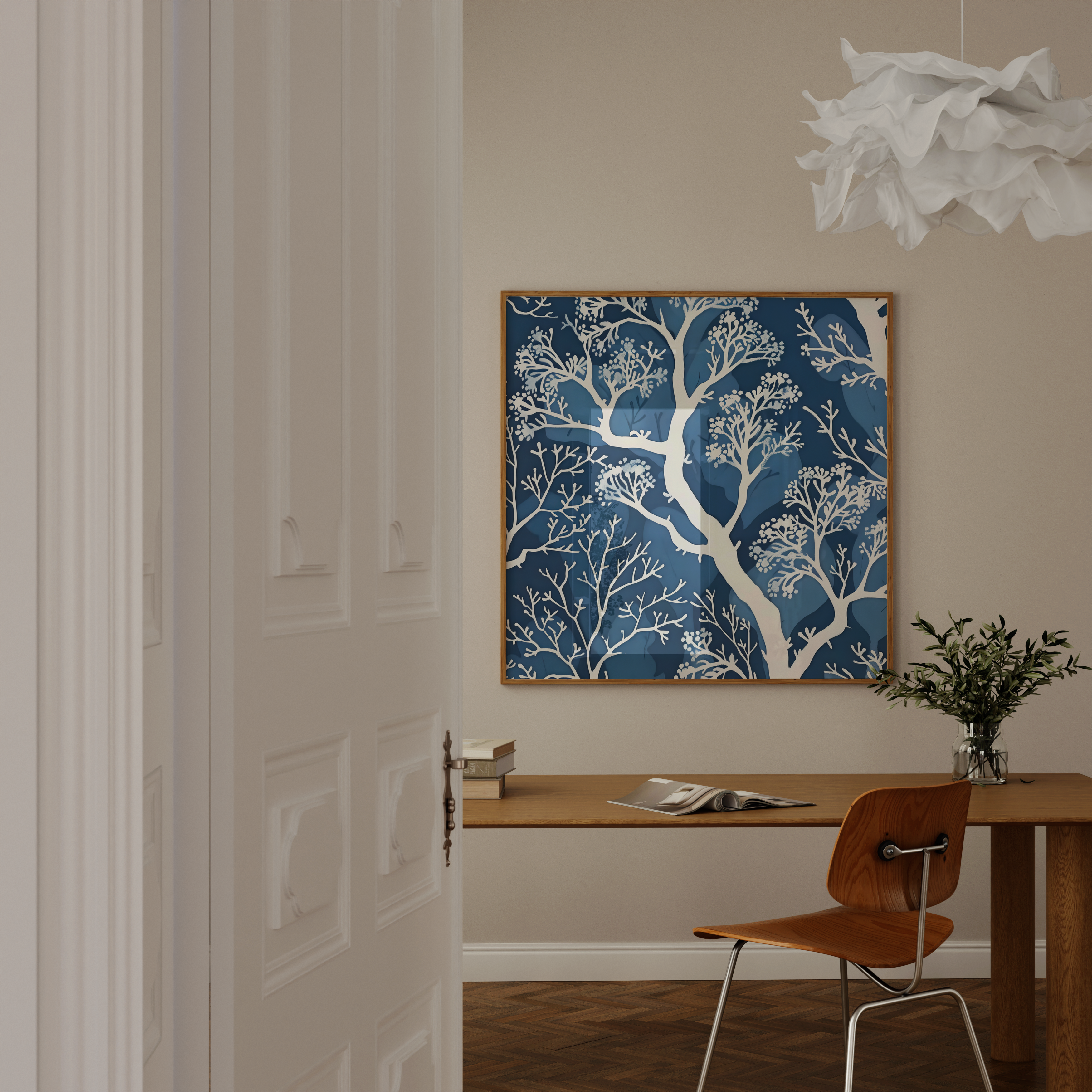 The Blue Forest: Delicate White Tree & Leaf Batik Pattern | Serene & Elegant Wall Decor