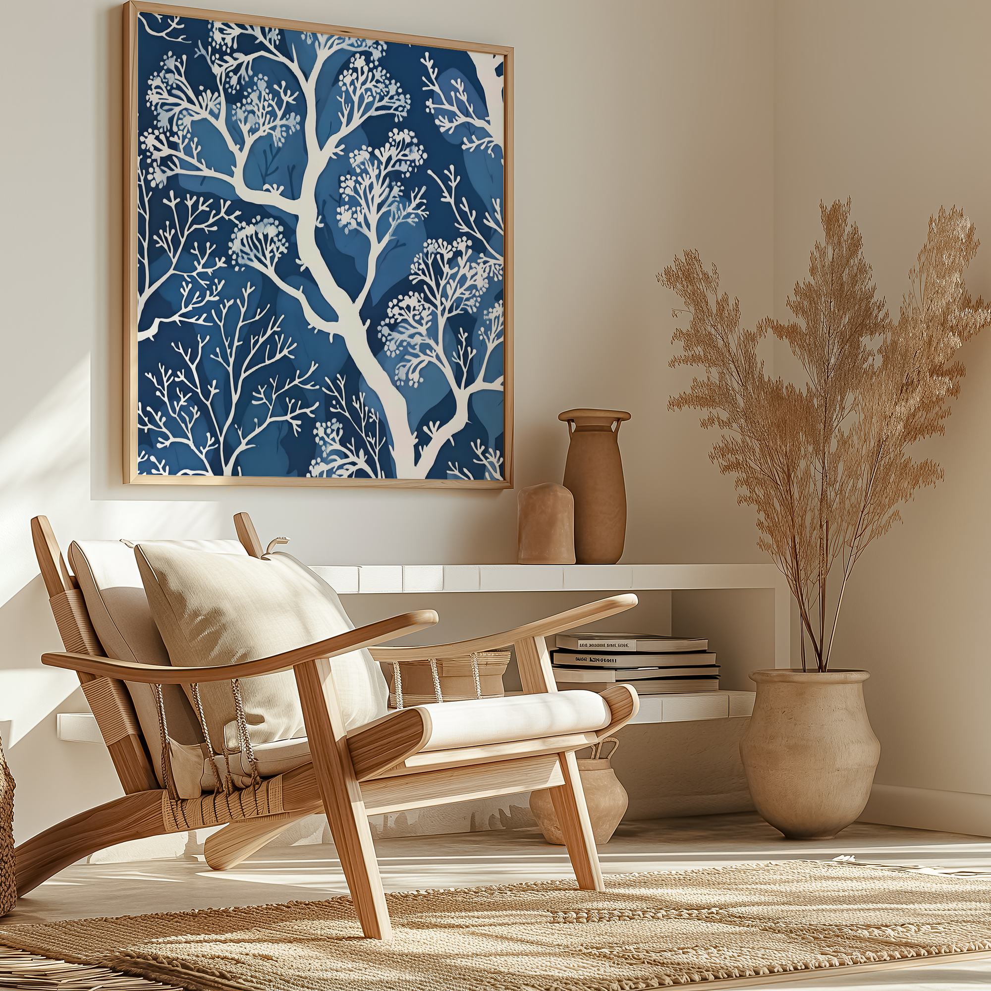 The Blue Forest: Delicate White Tree & Leaf Batik Pattern | Serene & Elegant Wall Decor