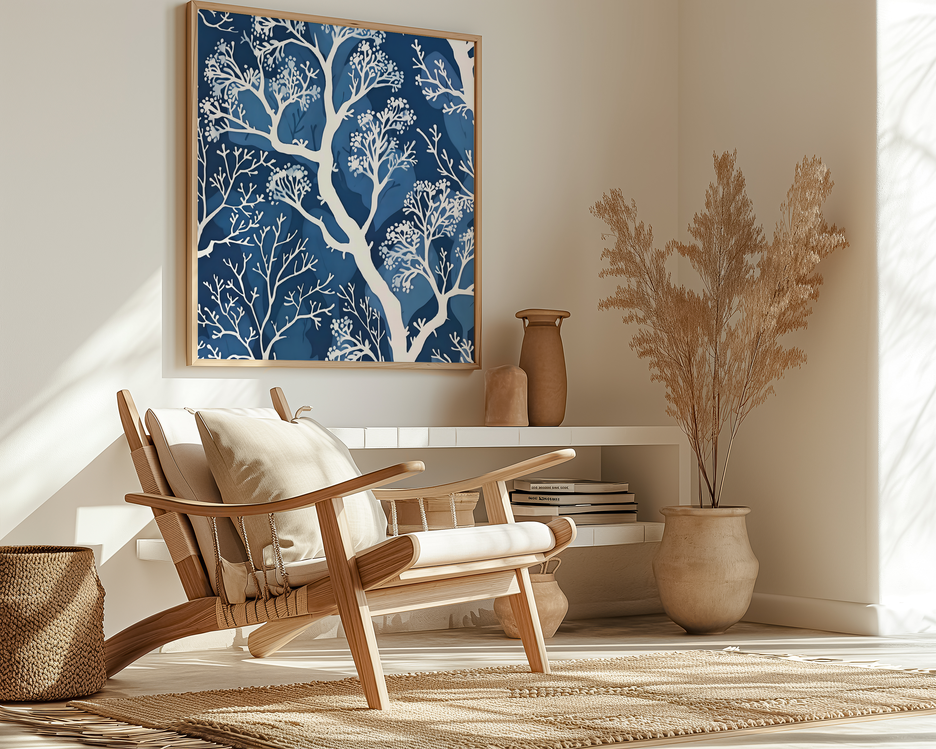 The Blue Forest: Delicate White Tree & Leaf Batik Pattern | Serene & Elegant Wall Decor