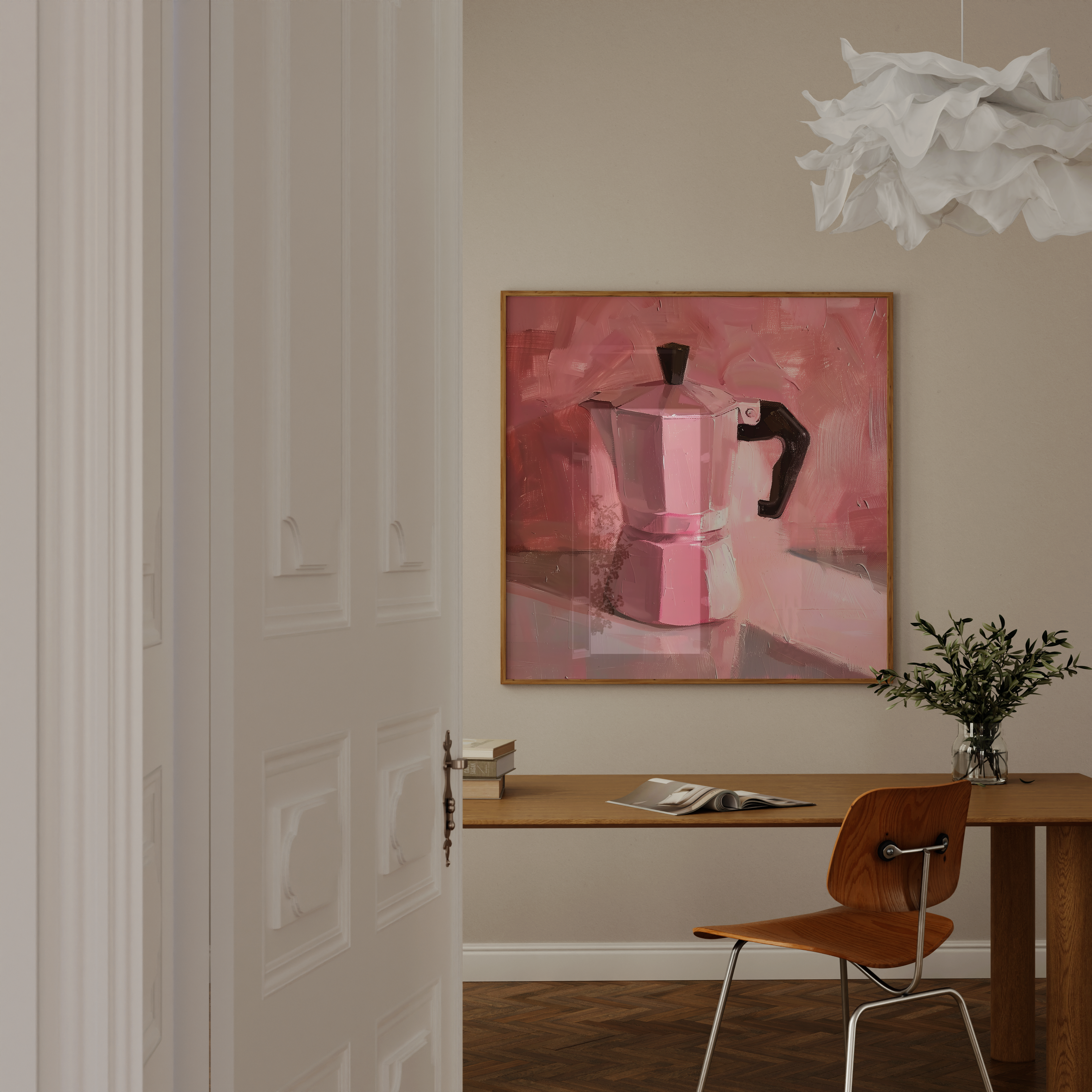 The Morning Ritual: Chic Pink Moka Pot Still Life | Modern Kitchen & Coffee Bar Art