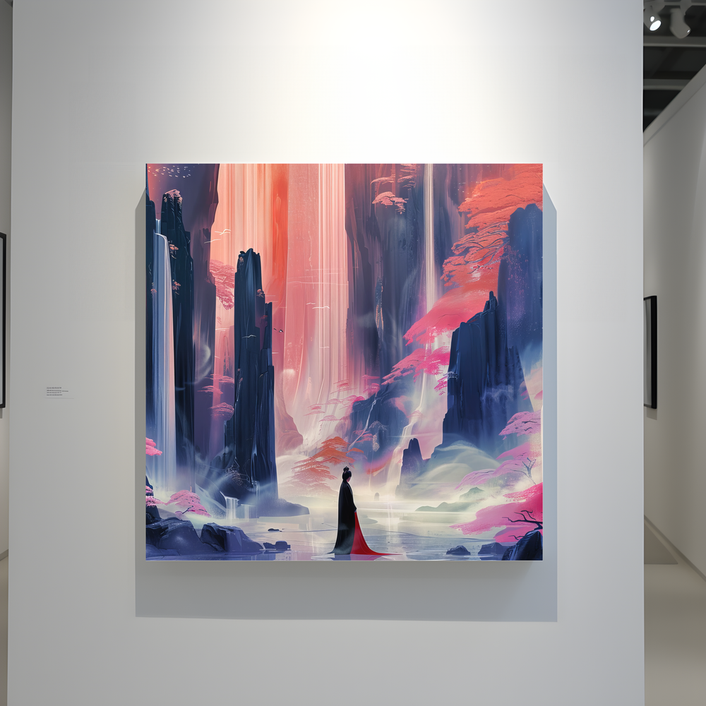 The Crimson Canyon: Ethereal Woman in Red Dress Art | Mystical Waterfall & Fantasy Landscape
