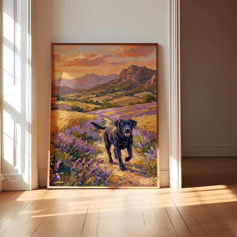 Black Labrador Canvas Art, Lavender & Wheat Field Landscape (Ready to Hang)