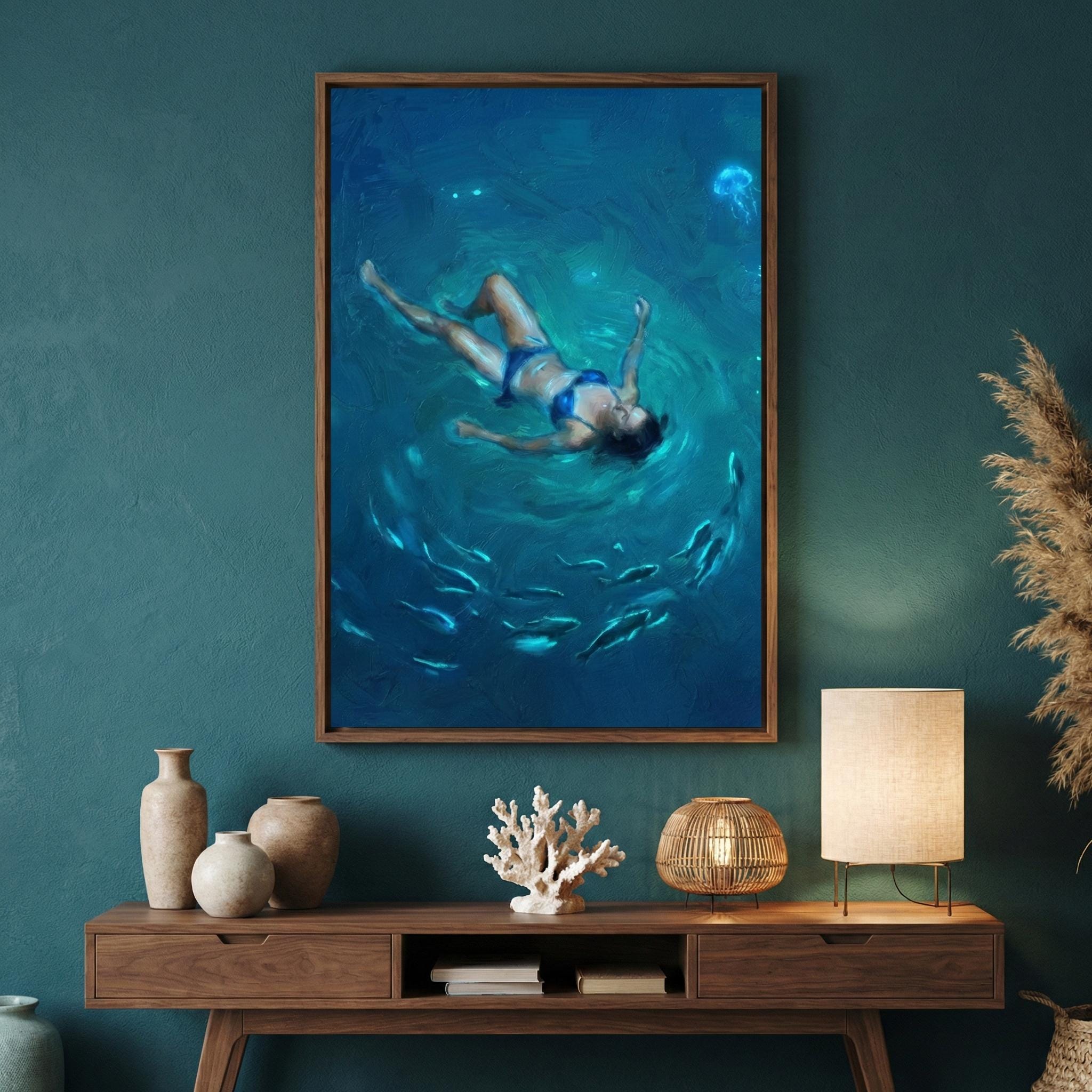 Night Swim Wall Art: Glowing Jellyfish - Moody Ocean Scene