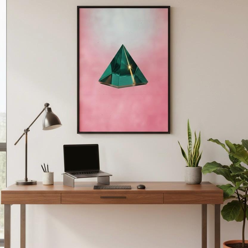 a wooden desk with a laptop, keyboard, and mouse, as well as a potted plant and a lamp. Above the desk, there is a framed picture of a green triangular object against a pink background.