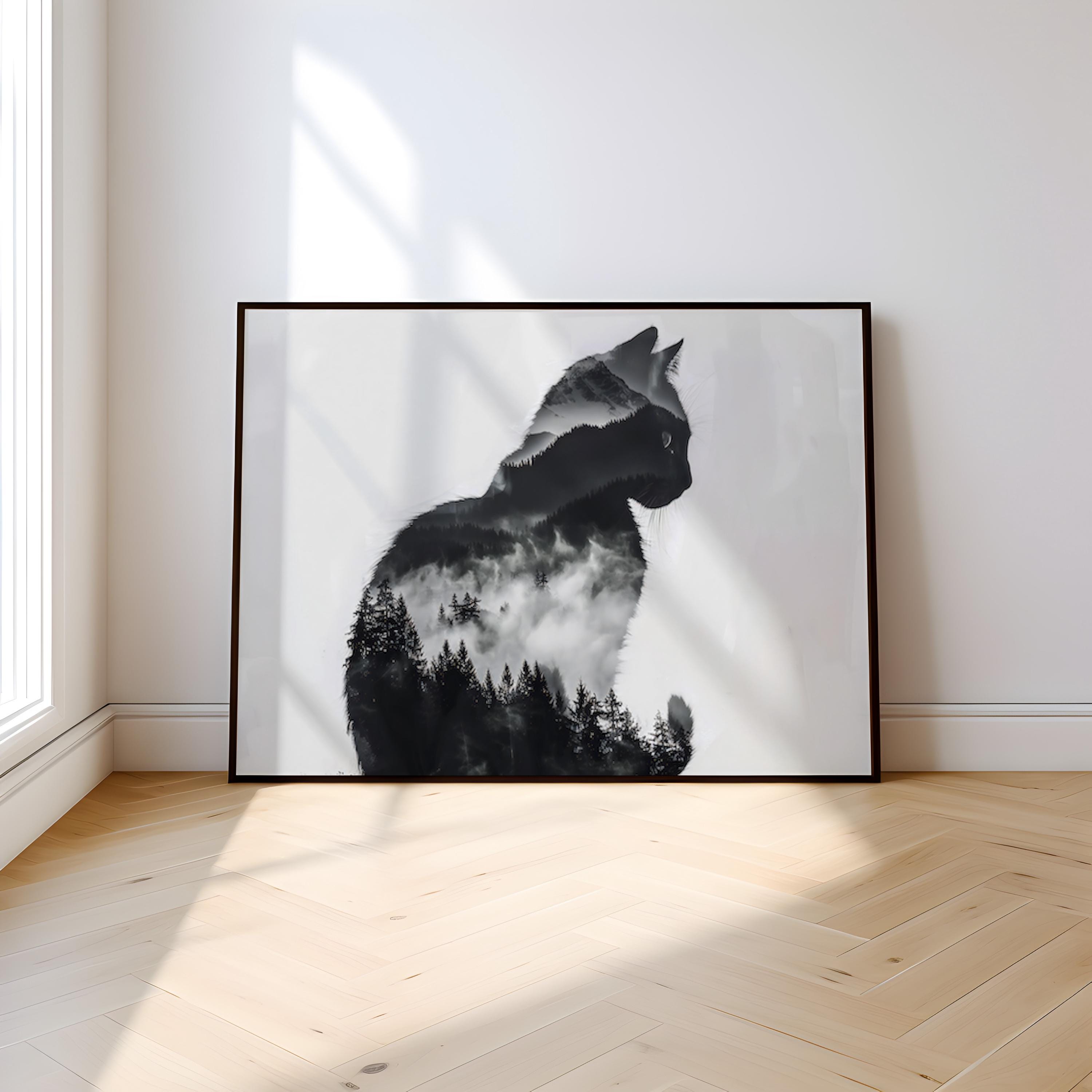 Mountain Soul: Surreal Cat & Forest Double Exposure Art | Mystical Black & White Decor