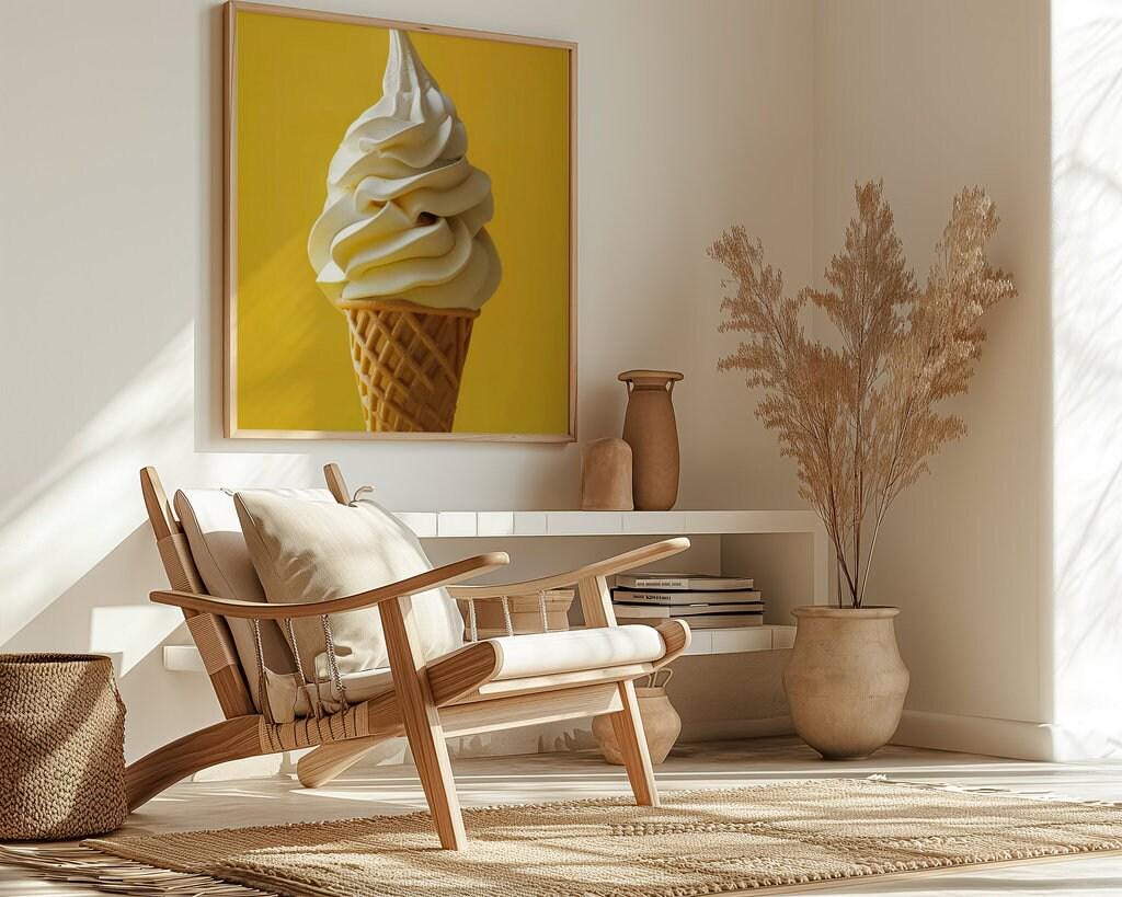 Summer Bliss: Minimalist Soft-Serve Ice Cream Cone Art | Vibrant Yellow Pop Art Print