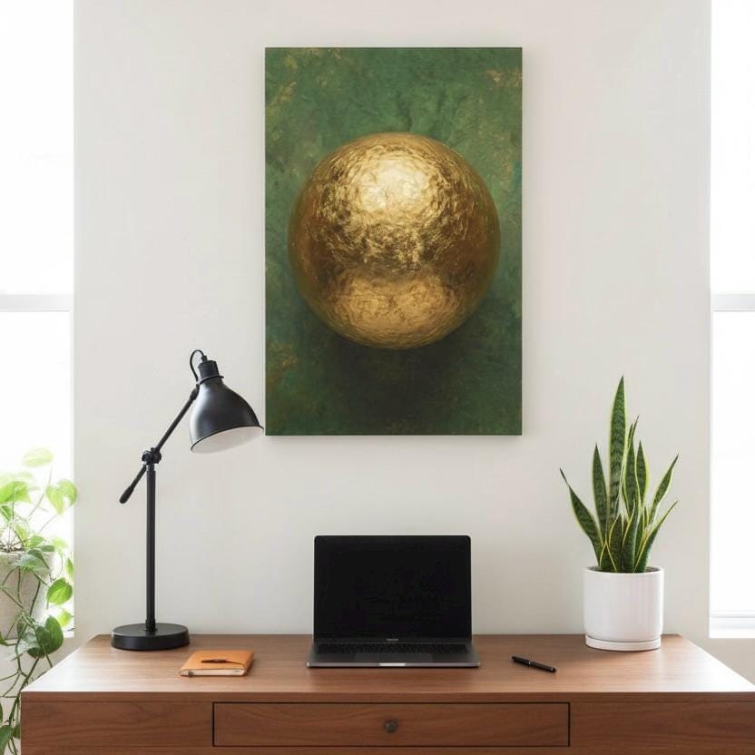 a wooden desk with a laptop, a lamp, and a plant, all set against a white wall with a framed artwork of a golden sphere hanging above it.
