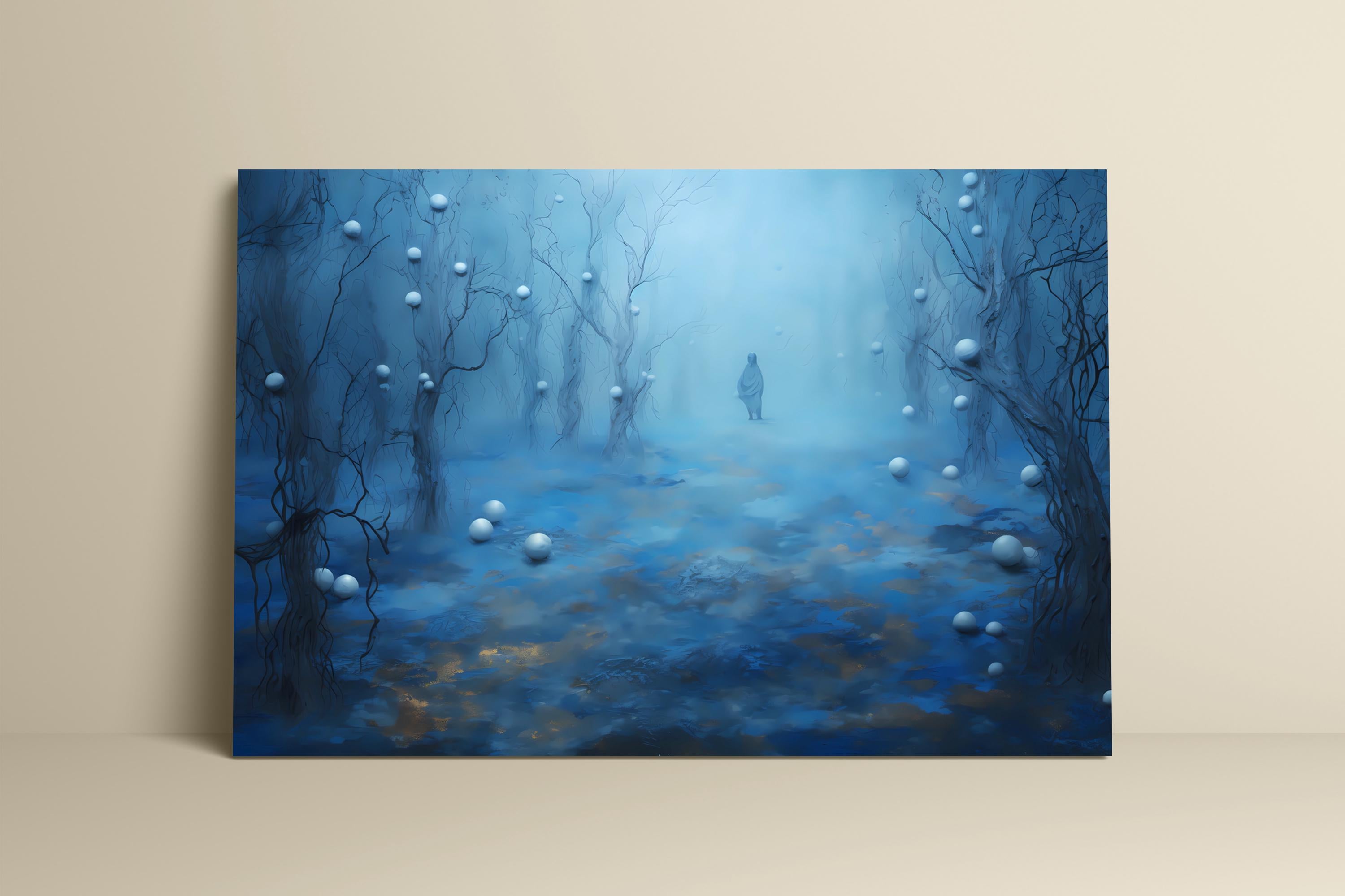 Mystical Forest Path Art Print | Framed Impressionist Blue & Gold Wall Decor