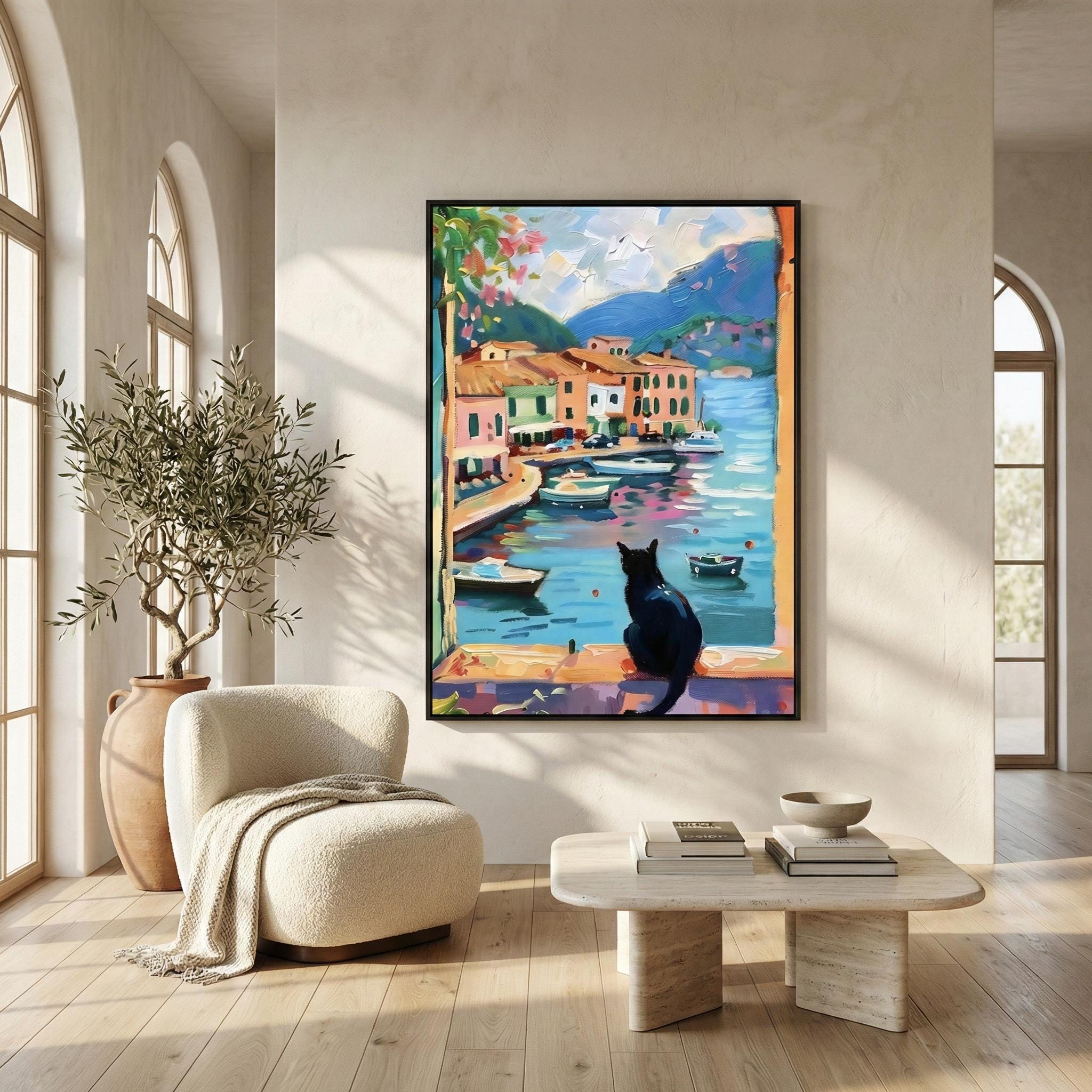 Coastal Town Wall Art: Black Cat, Vibrant Colors, Framed Canvas