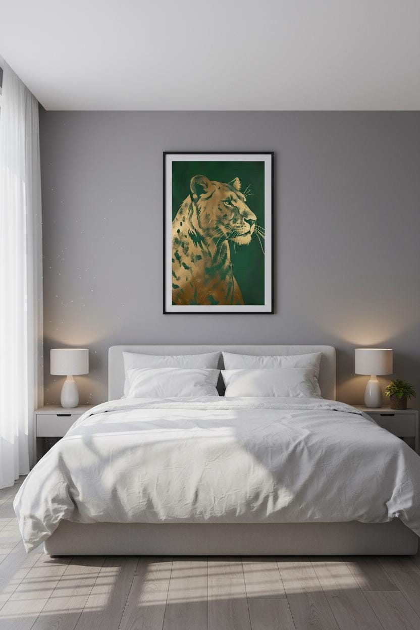 Art Deco Lion Print - Gold Foil Wildlife Wall Art | Regal Green Decor