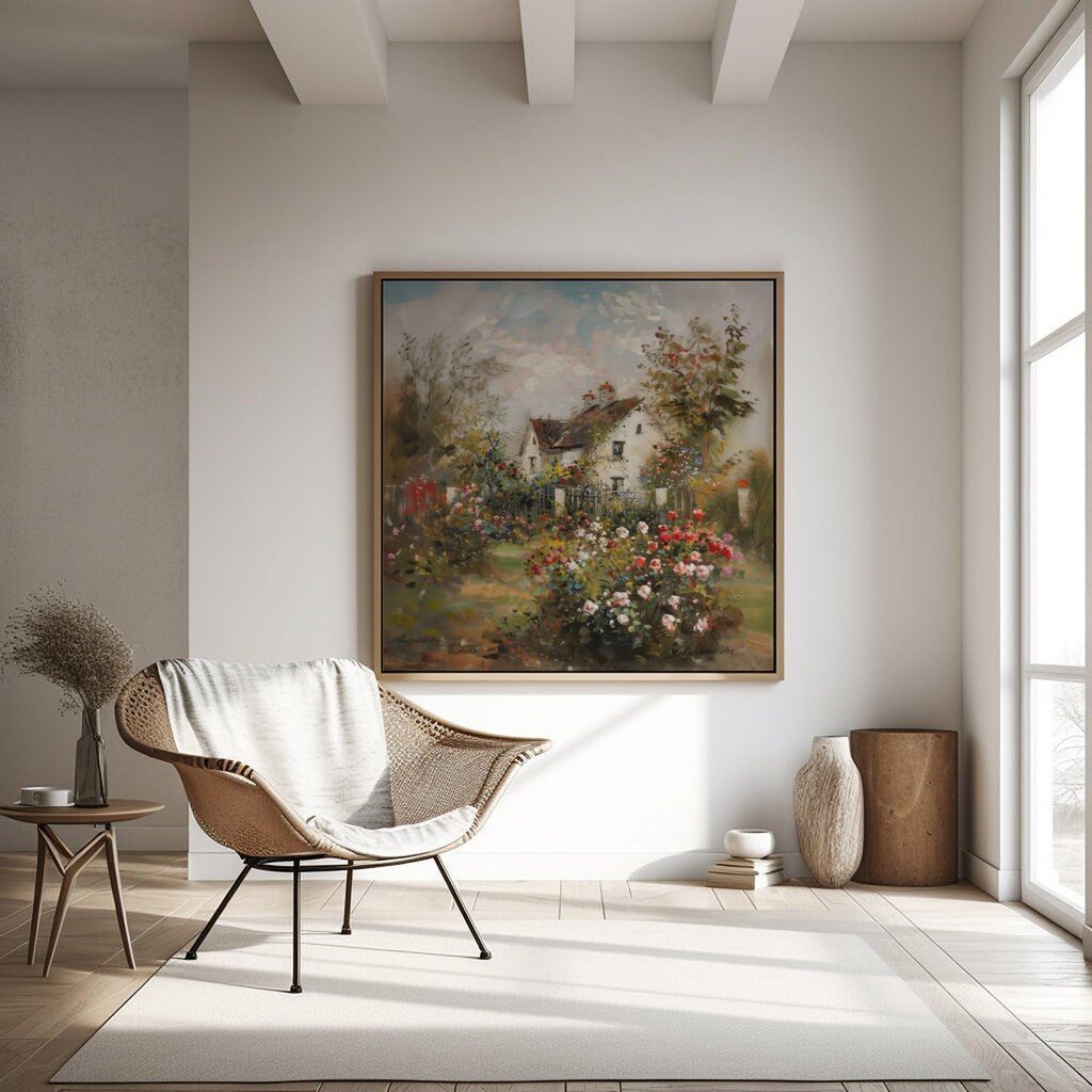 Vintage Cottage Rose Garden Art Print | Nostalgic & Tranquil Floral Wall Decor
