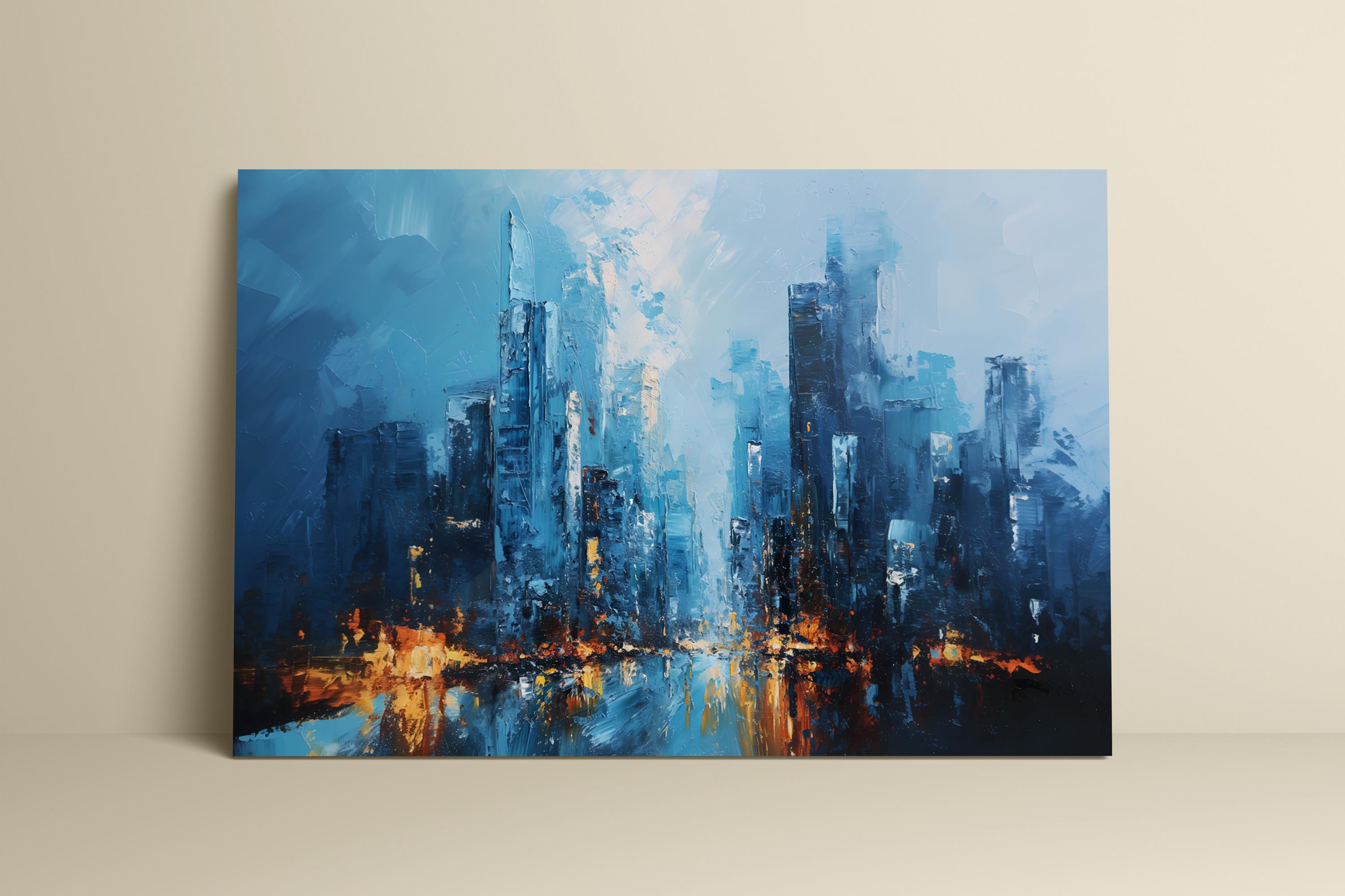 City of Memory: Abstract Impressionist Cityscape | Blue & Gold Urban Wall Art