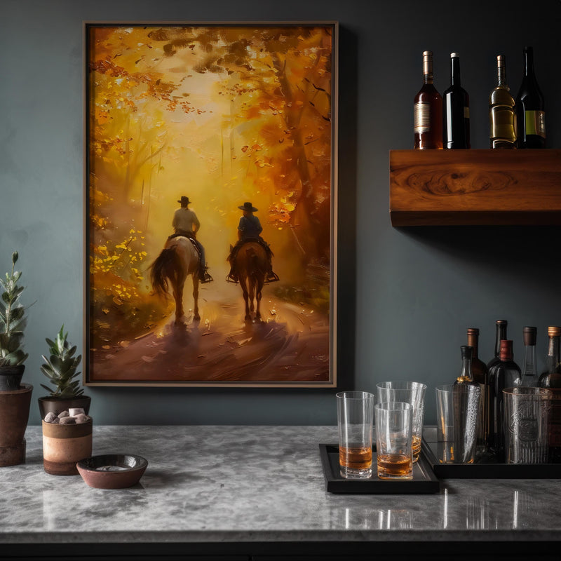 Golden Forest Canvas Art – Autumn Landscape With Horseback Riders | Warm Wall Decor