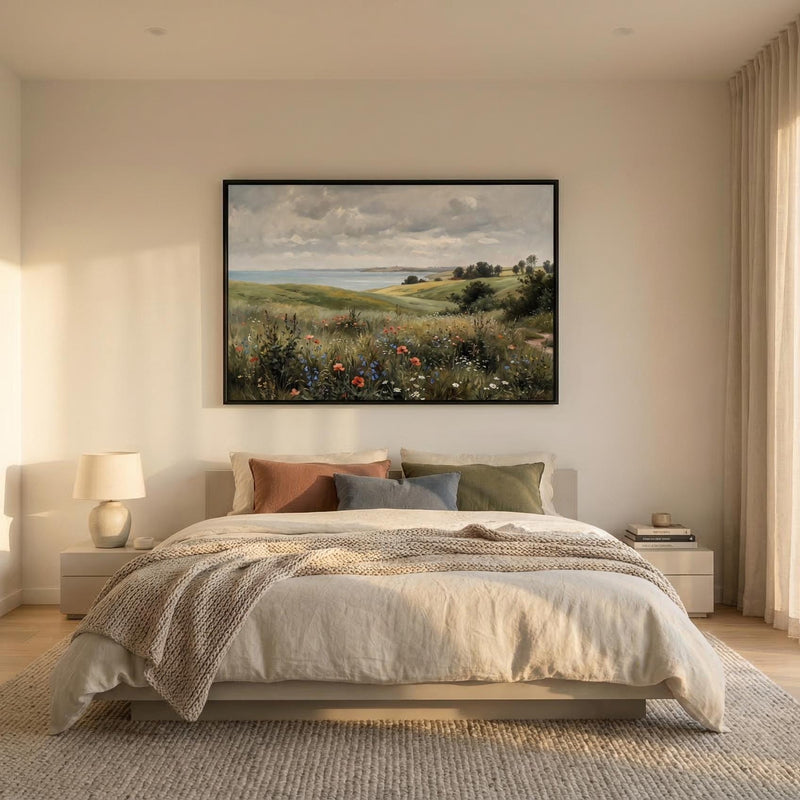 Vintage Wildflower Meadow Painting Coastal Landscape Print Cottagecore Wall Art French Country