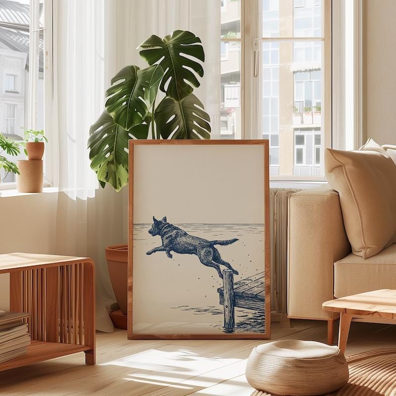 Lake House Dog Art, Blue Ink Sketch, Dock Scene (Print or Canvas)