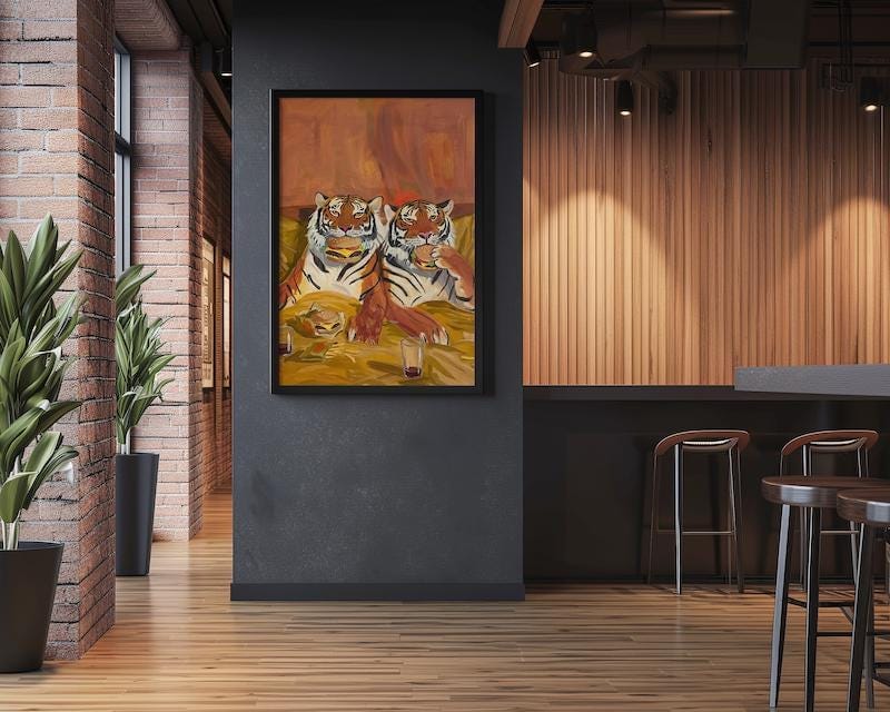 Quirky Tiger Canvas, Burgers and Fries, Warm Tones (Bedroom or Dorm)