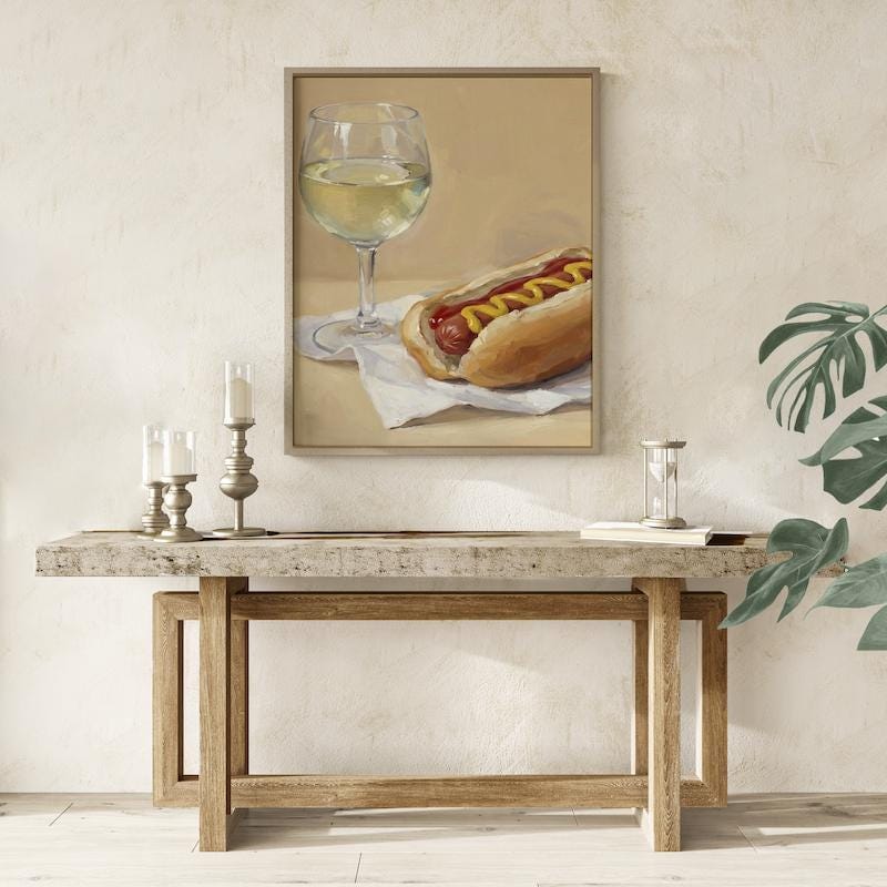 Hot Dog and Wine Wall Art: Funny Food Painting - Kitchen Decor