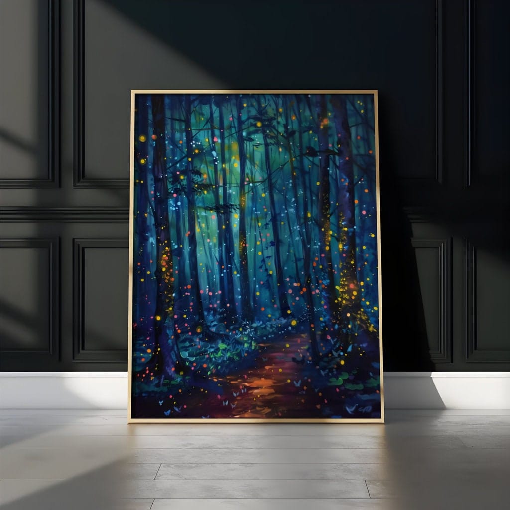 Enchanted Forest Wall Art: Glowing Fireflies, Night Path