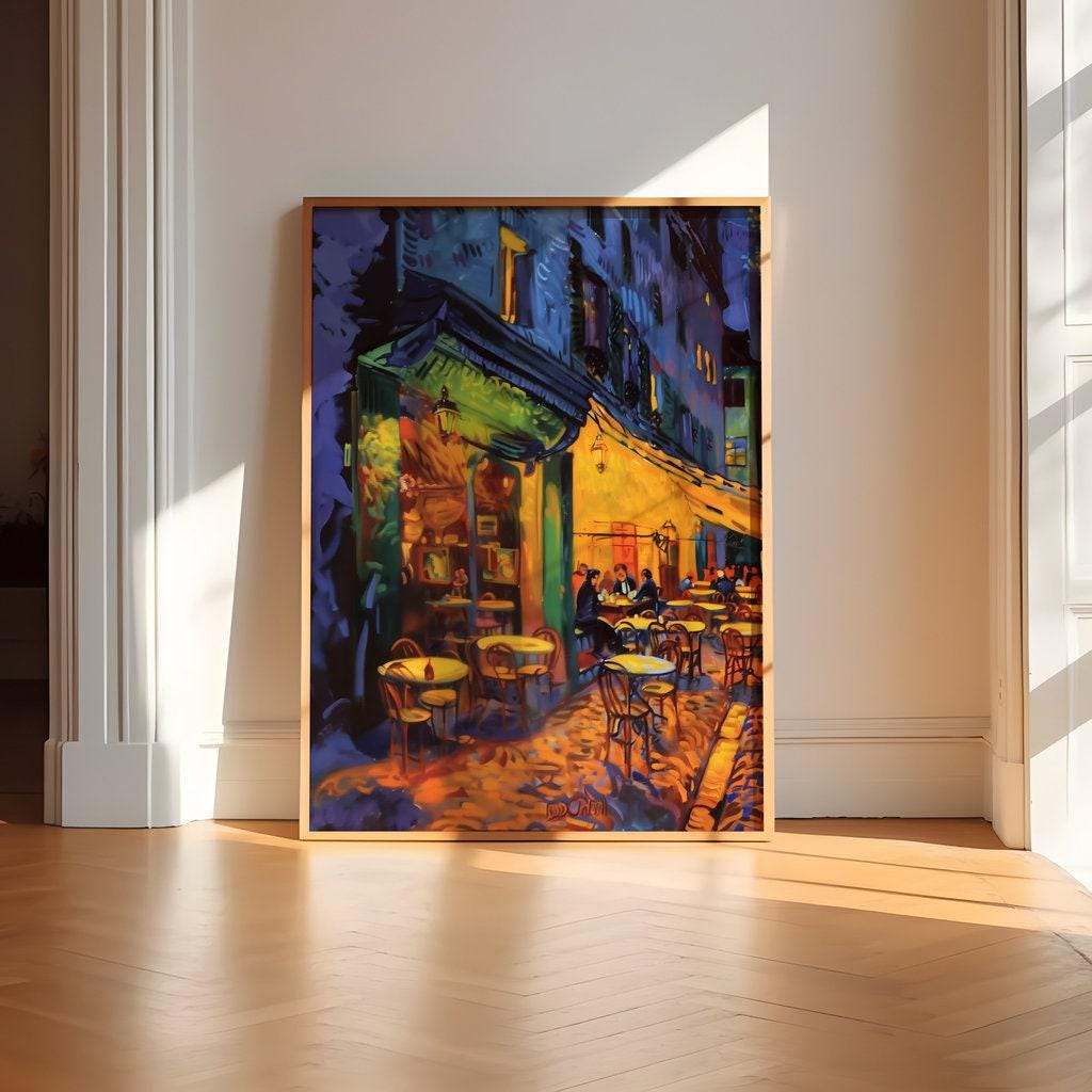 The Starry Night Cafe: Vibrant European Street Scene | Whimsical & Romantic Wall Art