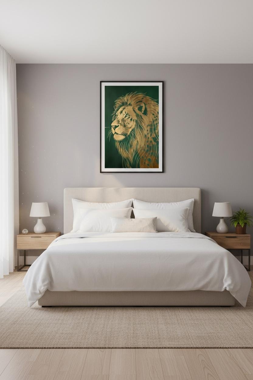 Art Deco Lion Print – Gold Foil Wall Art With Regal Green Decor & Metallic Accents