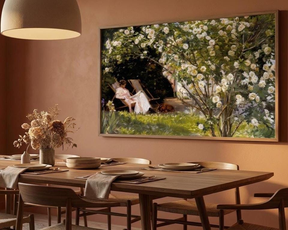 Serene Garden Wall Art Print: Woman Reading with Dog in Summer