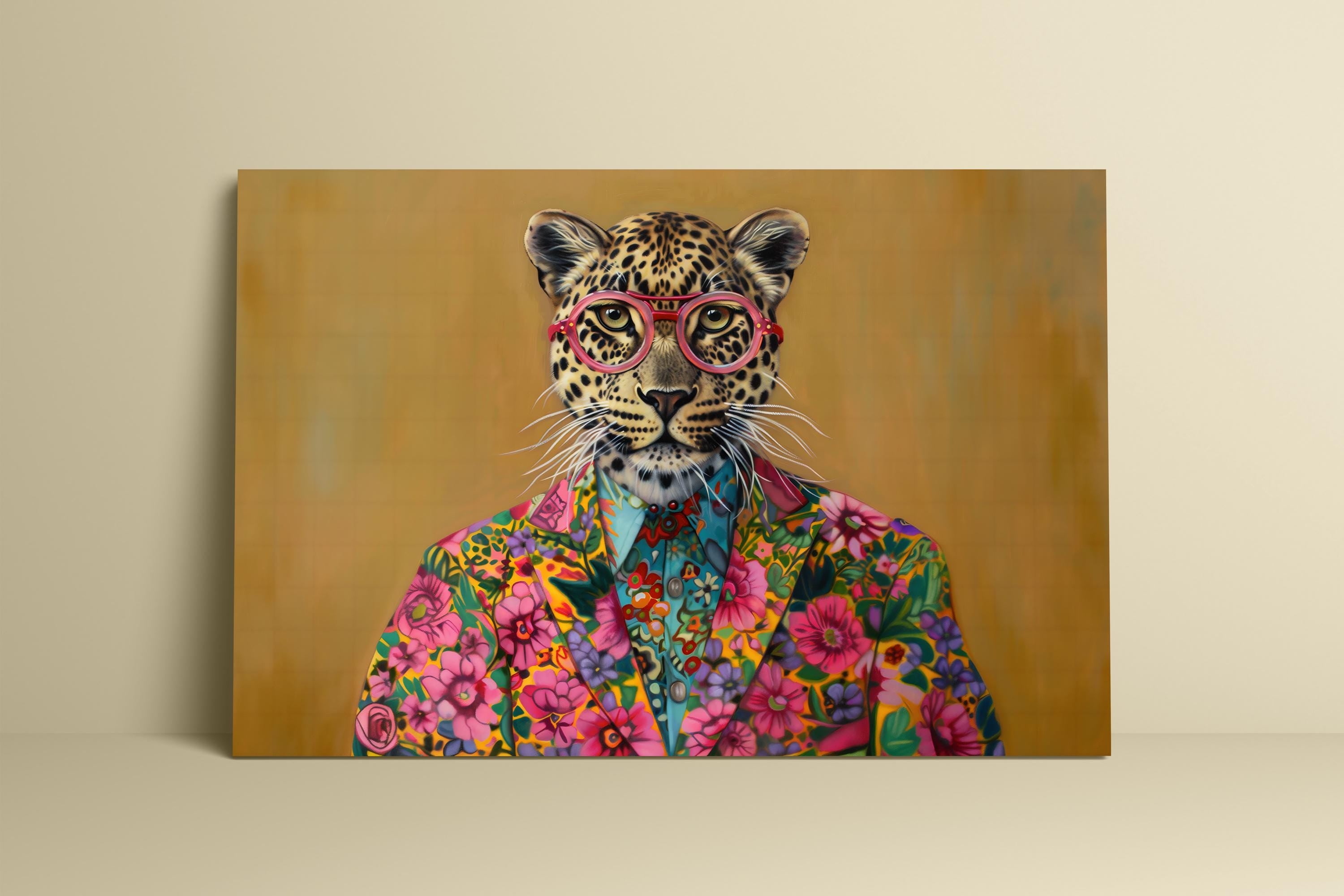 The Fashionista: Chic Leopard in Pink Glasses & Floral Jacket | Vibrant & Modern Animal Print Decor