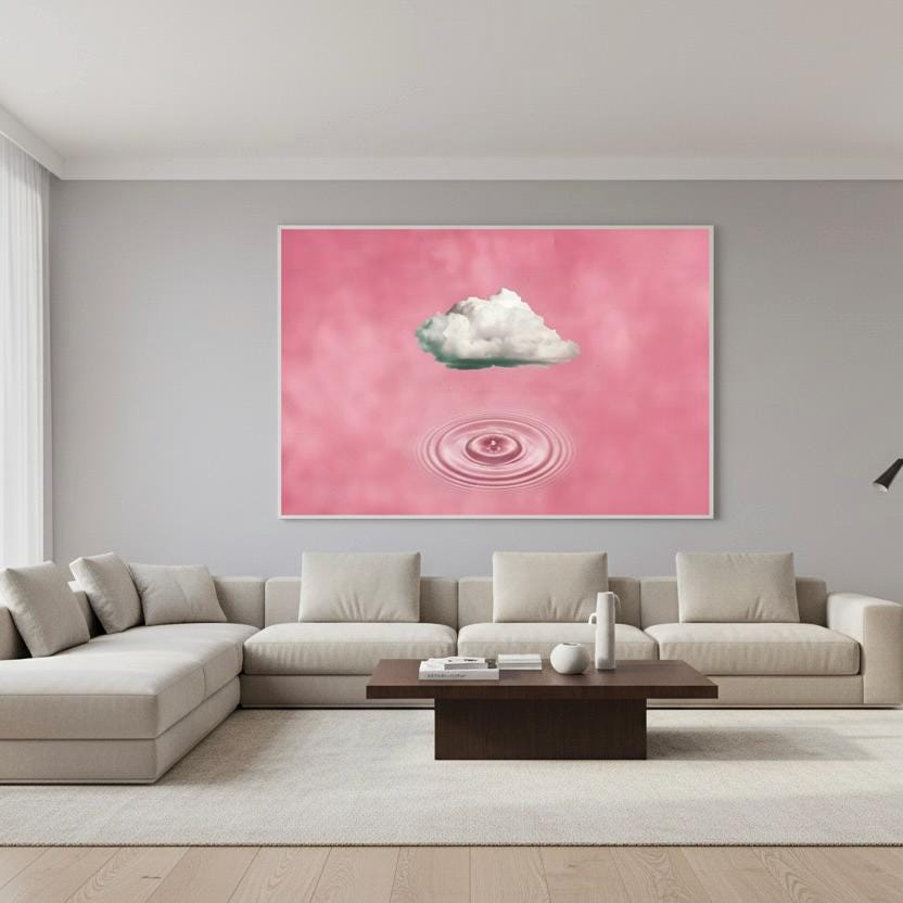 a modern living room with a large, abstract painting of a cloud and a water droplet on a pink background hanging on the wall. The room features a gray sectional sofa, a wooden coffee table, and a large mirror on the wall.