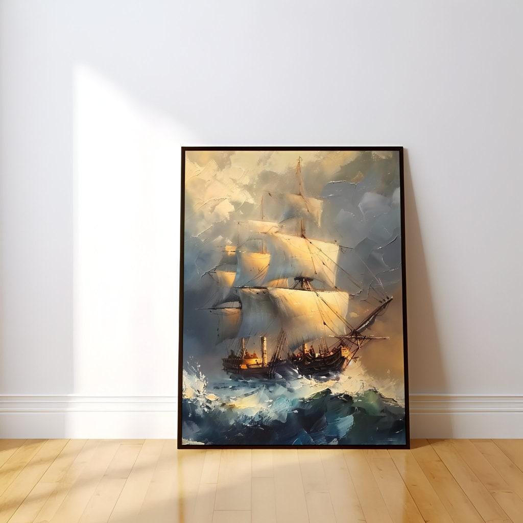 The Unconquered: Classical Stormy Sea Ship Painting | Dramatic Nautical Adventure Art