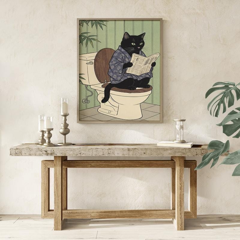 Japanese Style Black Cat Print, Toilet Humor (Canvas or Paper)