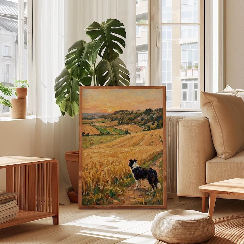 Rustic Border Collie Wall Art - Golden Wheat Field Scene