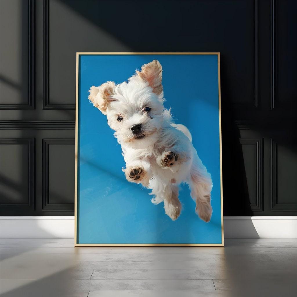 The Leap: Joyful Fluffy White Dog Art Print | Playful & Vibrant Pet Portrait Decor
