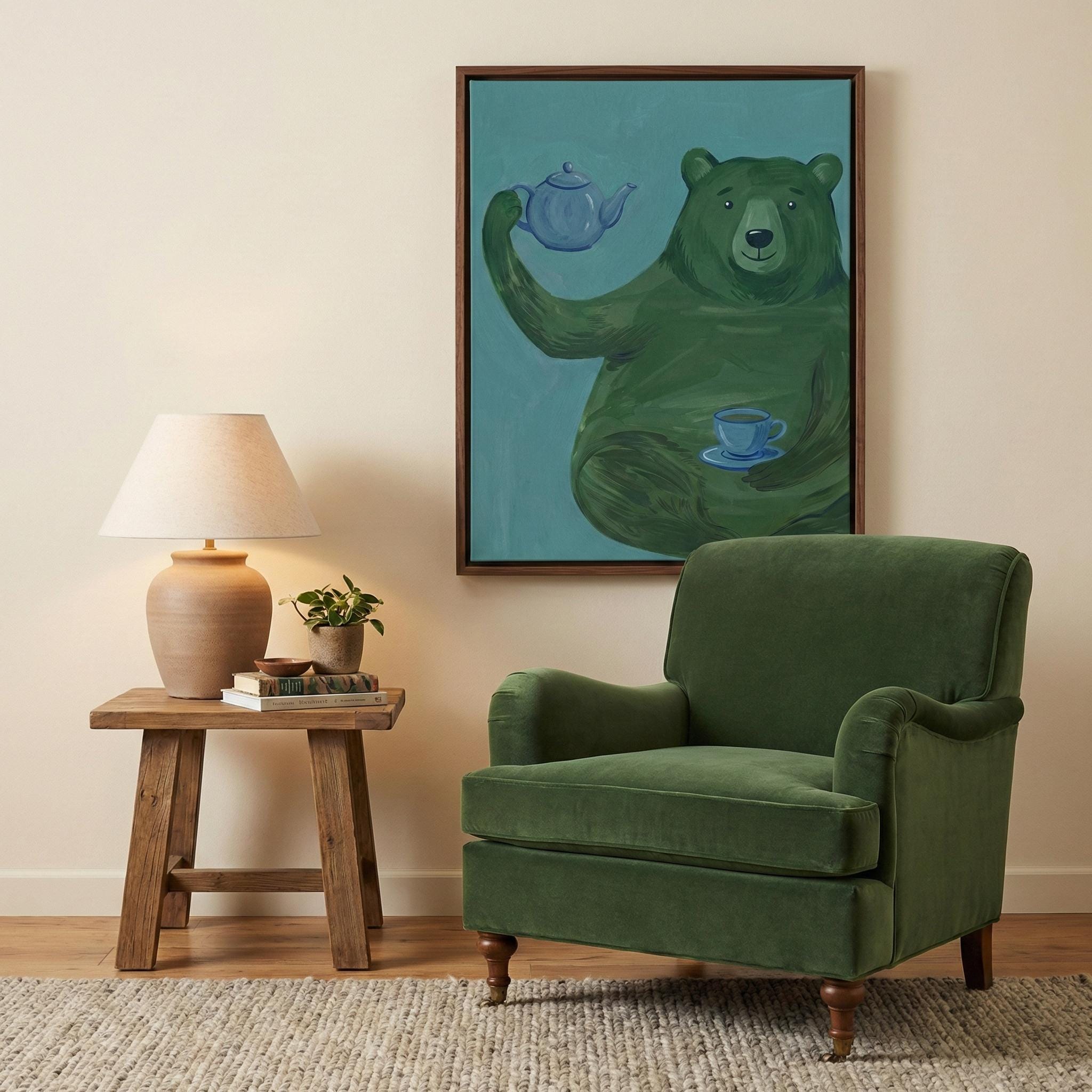 Whimsical Green Bear Wall Art - Playful Tea Party Illustration