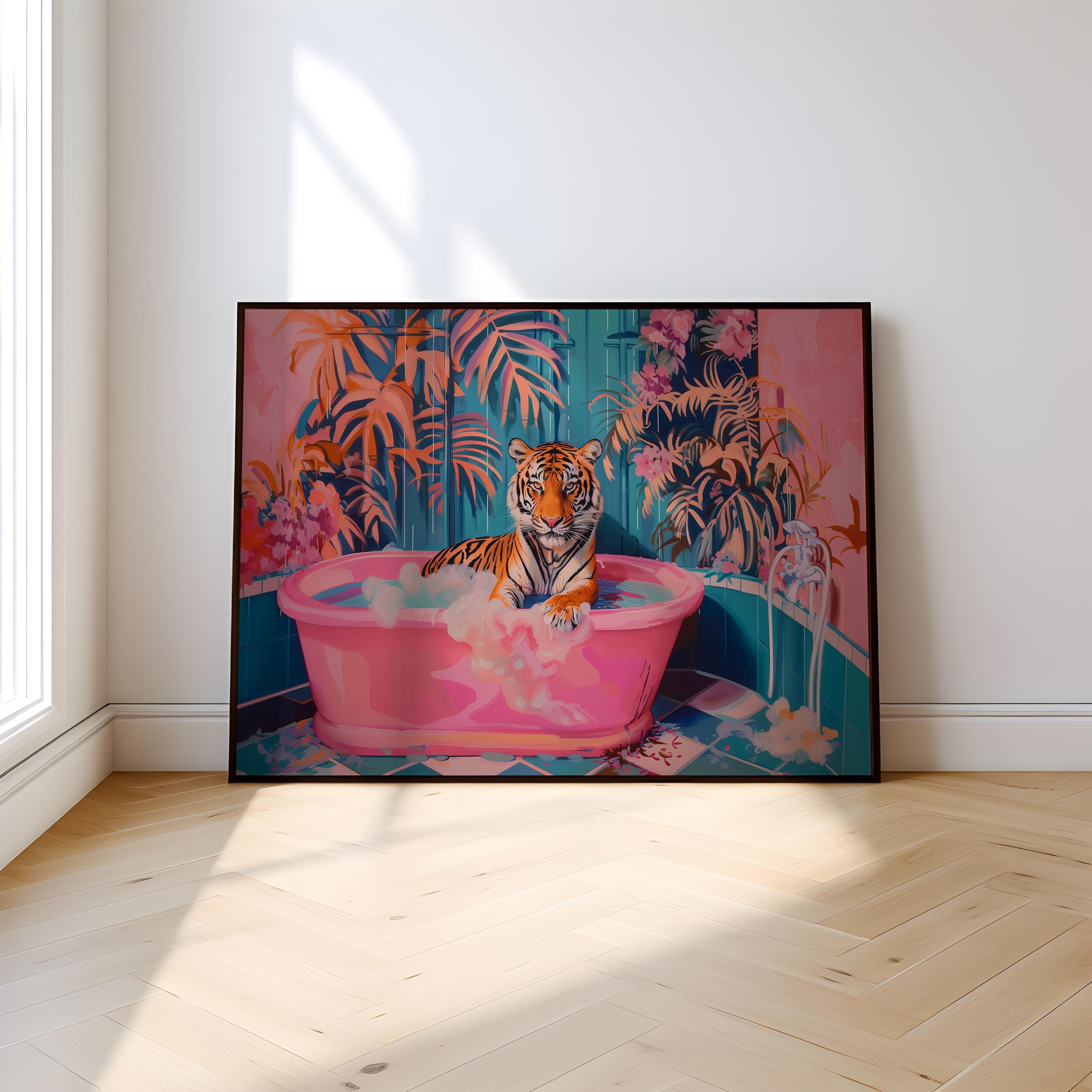 Chic Tiger Wall Art: Pink Bathtub, Maximalist Bathroom Decor