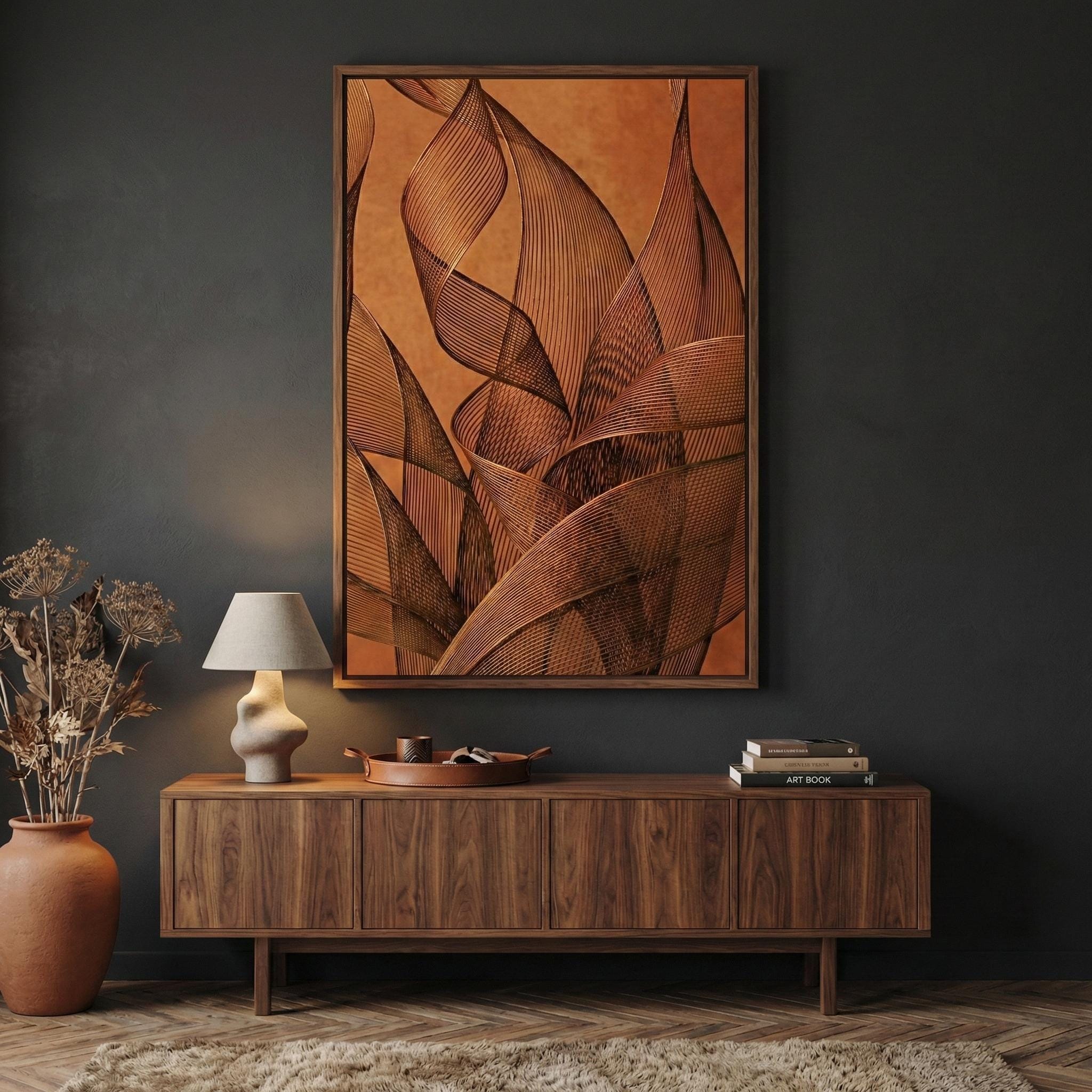 Copper Mesh Wall Art: Abstract Burnt Orange Design (Canvas or Print)