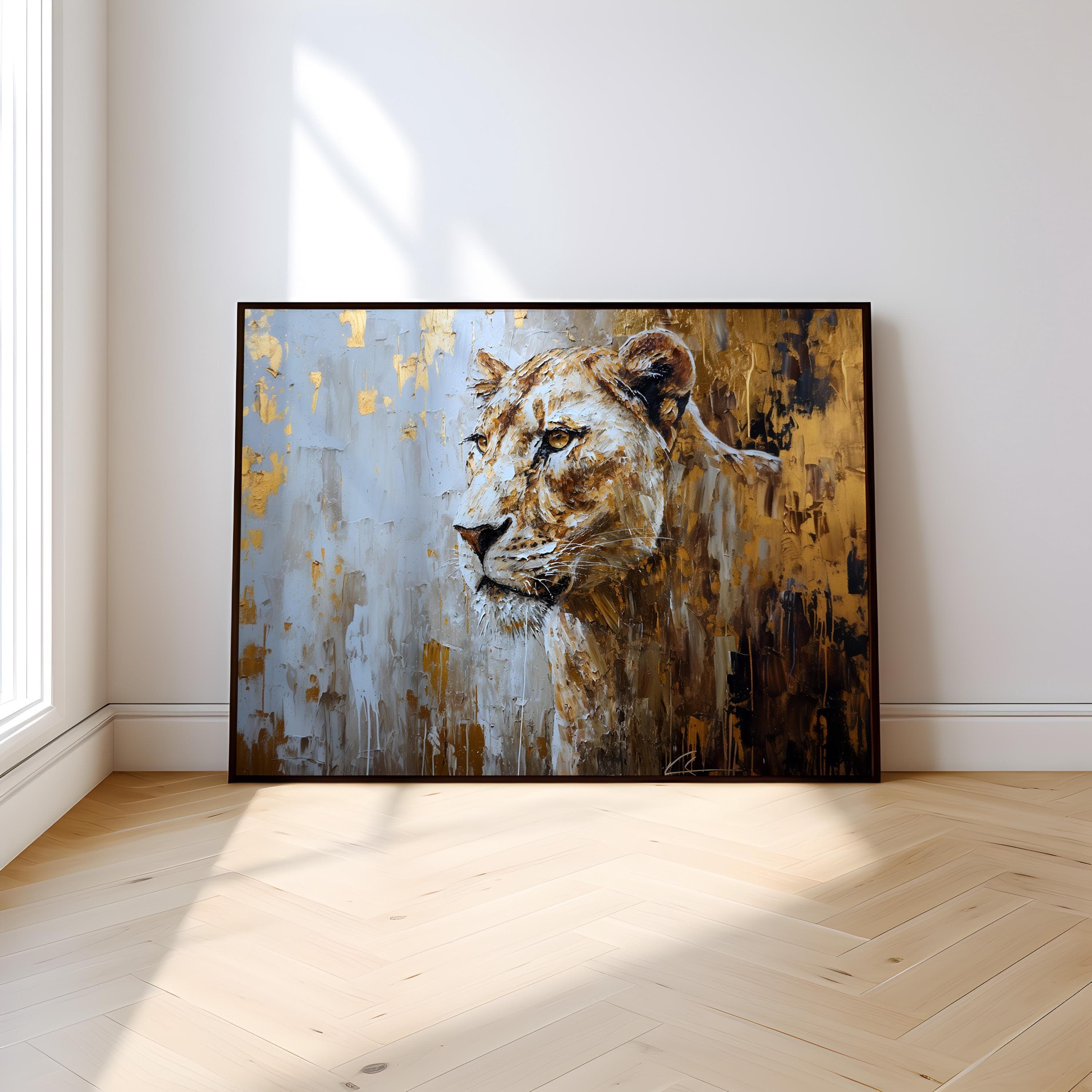 Lioness Wall Art: Graceful Wild Spirit in Gold (Canvas or Print)