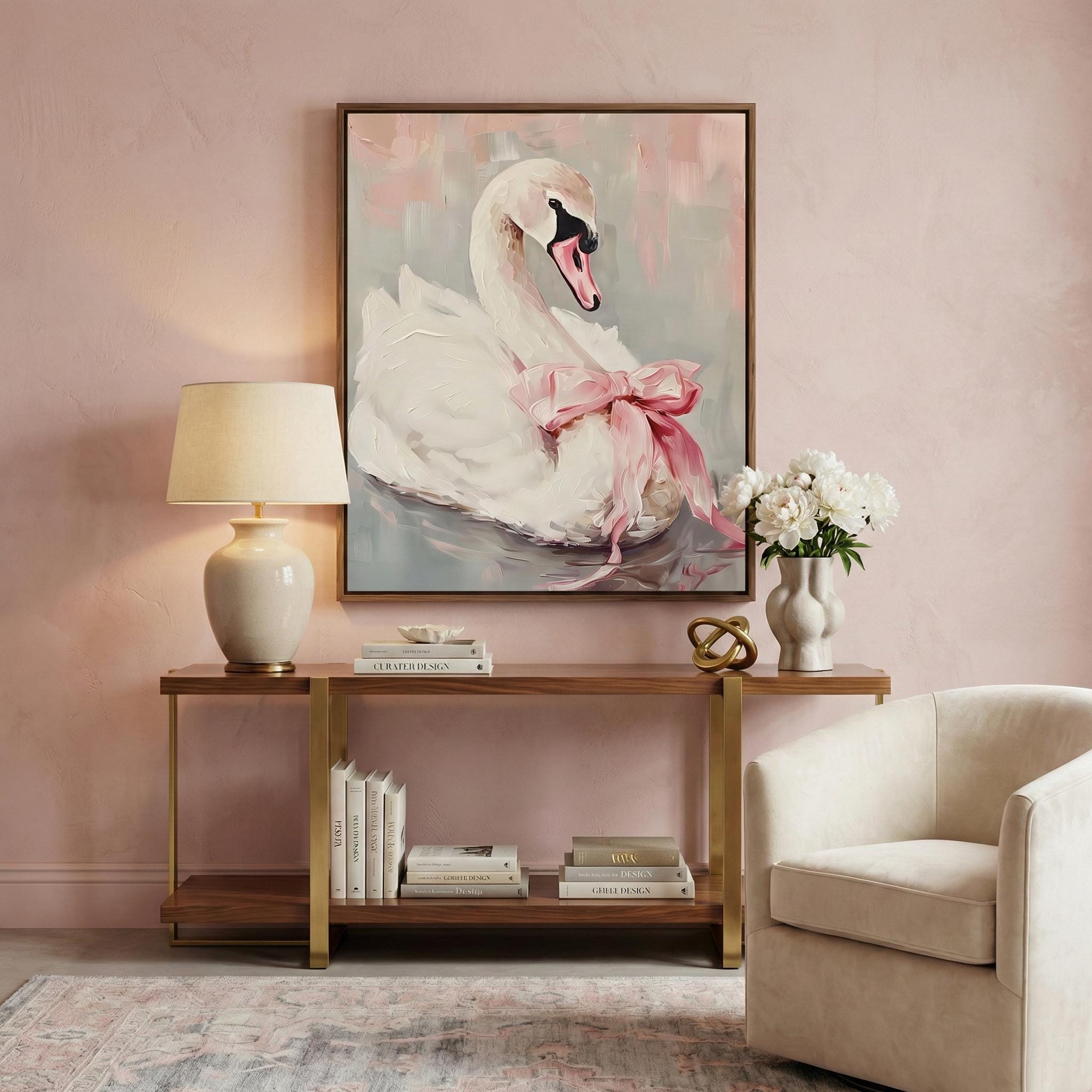 Ballerina Swan Art Print: Elegant Pink Bow, Soft Pastel Wall Decor