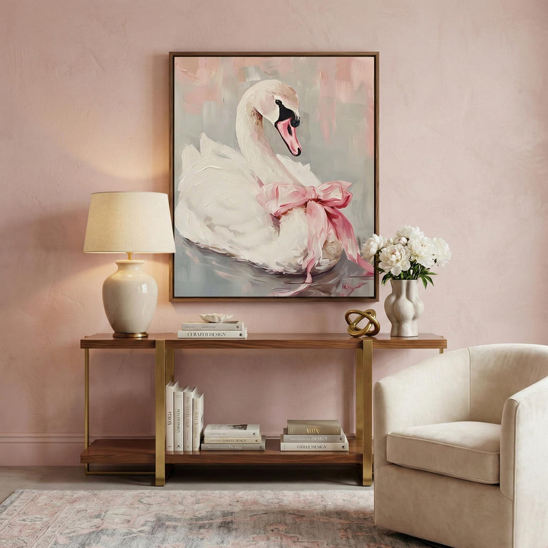 Ballerina Swan Art Print: Elegant Pink Bow, Soft Pastel Wall Decor