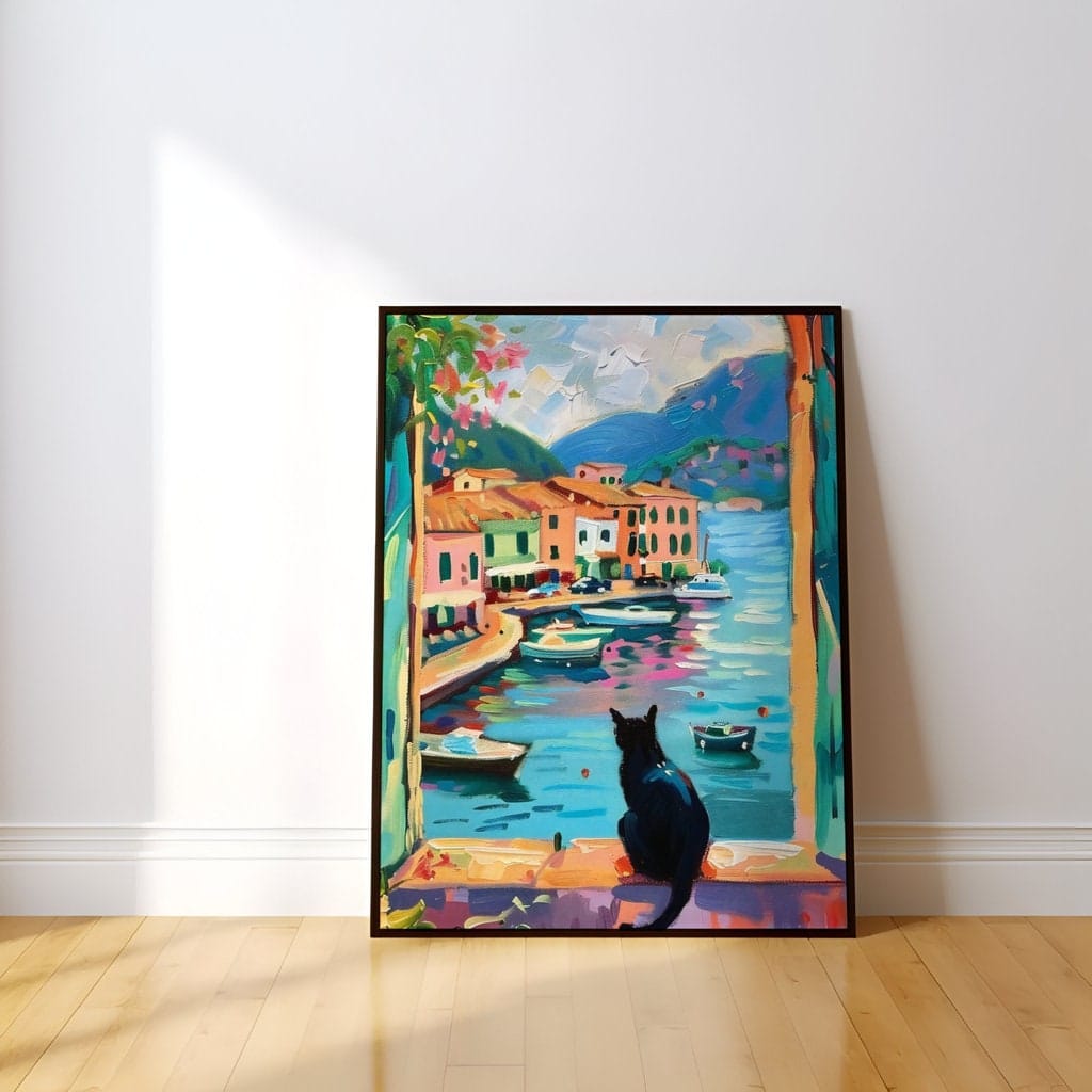 Coastal Town Wall Art: Black Cat, Vibrant Colors, Framed Canvas