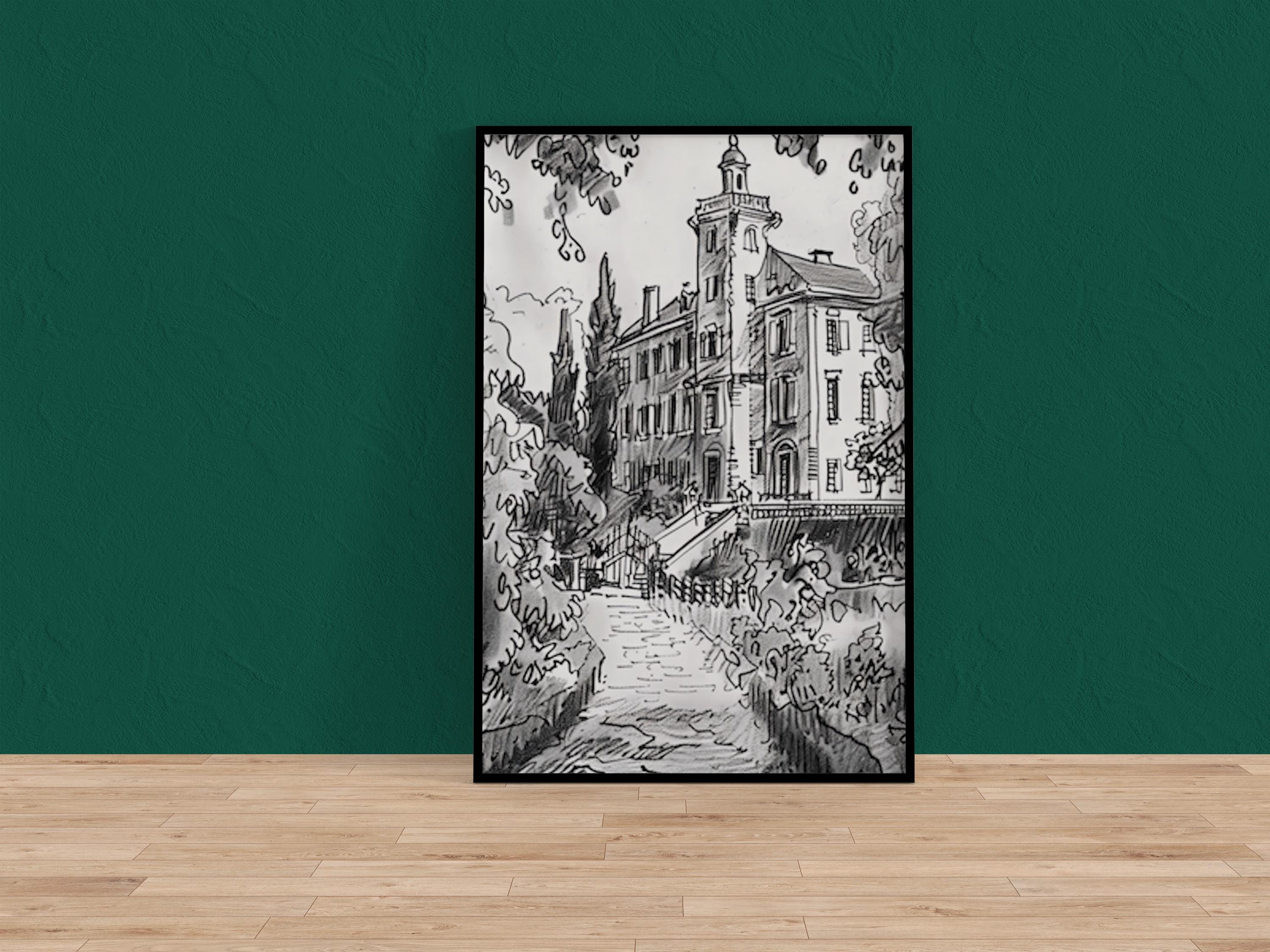 Timeless Elegance: Stately Manor House Ink Drawing | Classic Architectural Wall Art