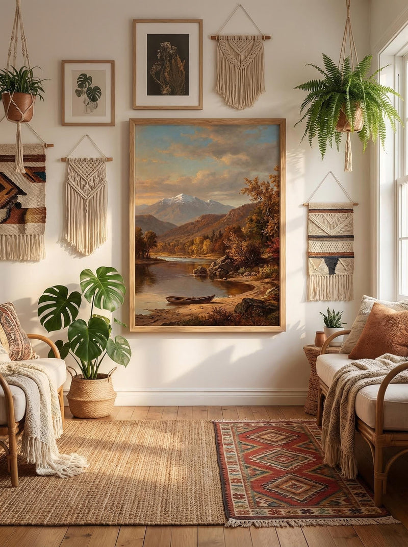 Vintage Autumn River Painting Mountain Landscape Art Rustic Rowboat Print Moody Farmhouse Wall Decor