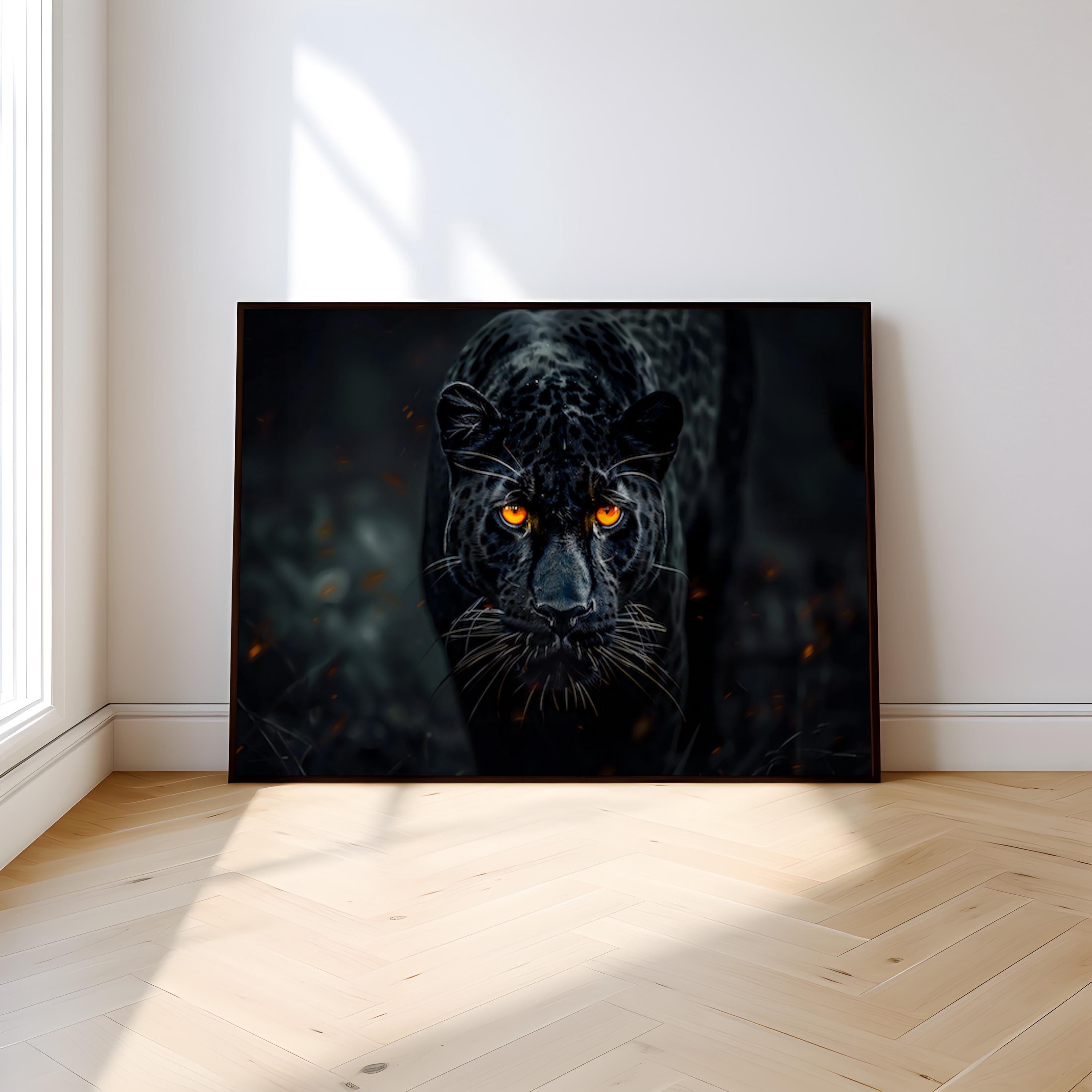 The Midnight Hunter: Black Panther with Orange Eyes Art | Moody & Powerful Wildlife Decor