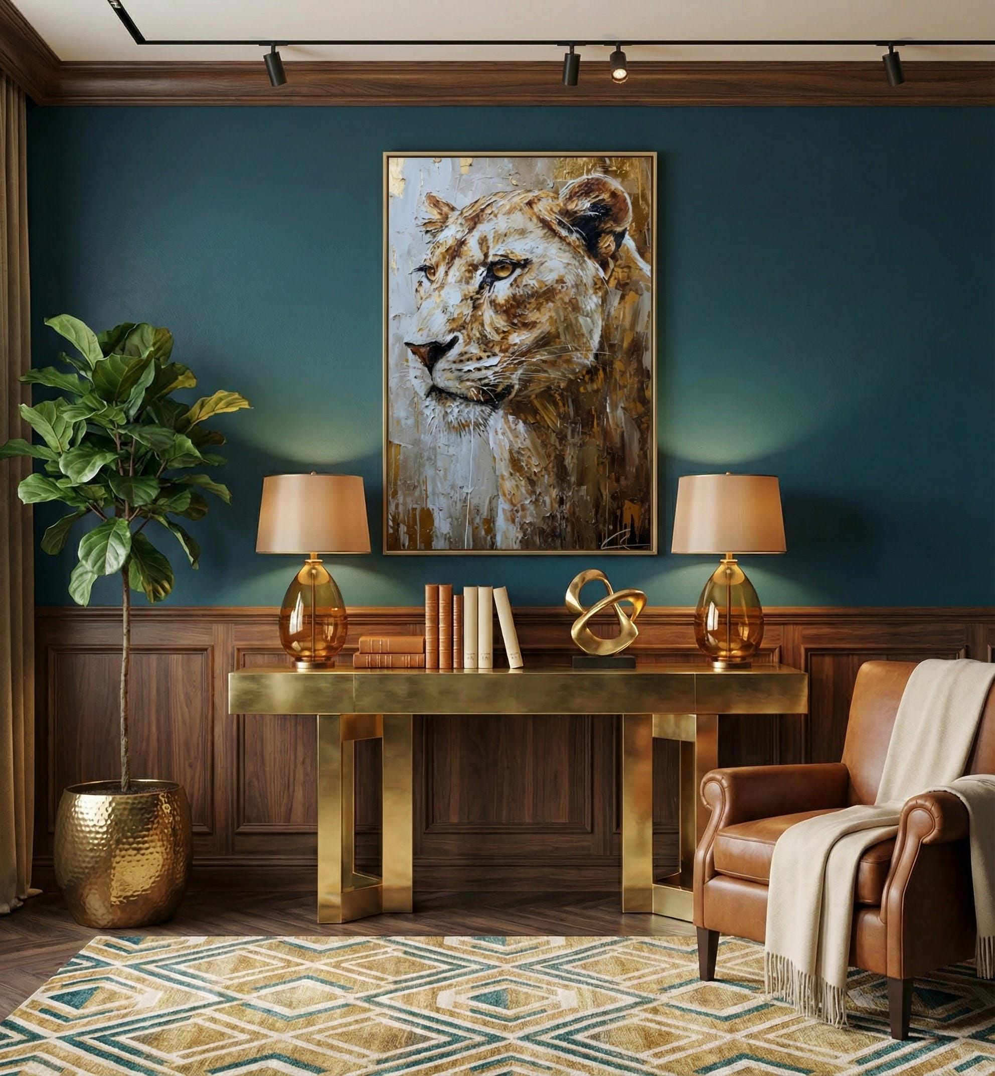 Lioness Wall Art: Graceful Wild Spirit in Gold (Canvas or Print)