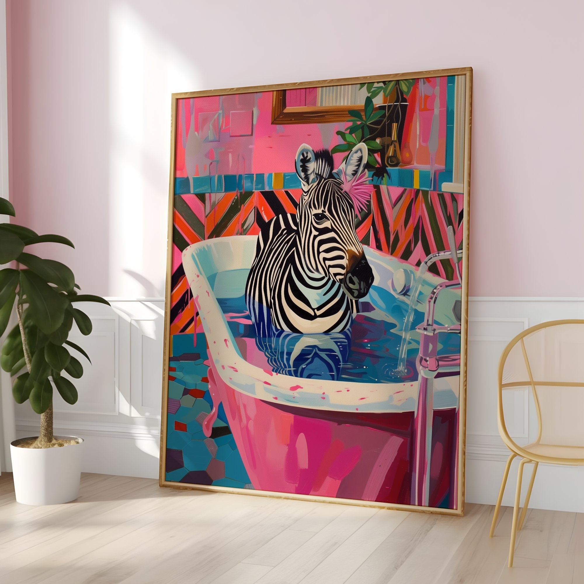 The Eccentric Bather: Chic Zebra in Pink Bathtub Art | Maximalist & Preppy Bathroom Decor