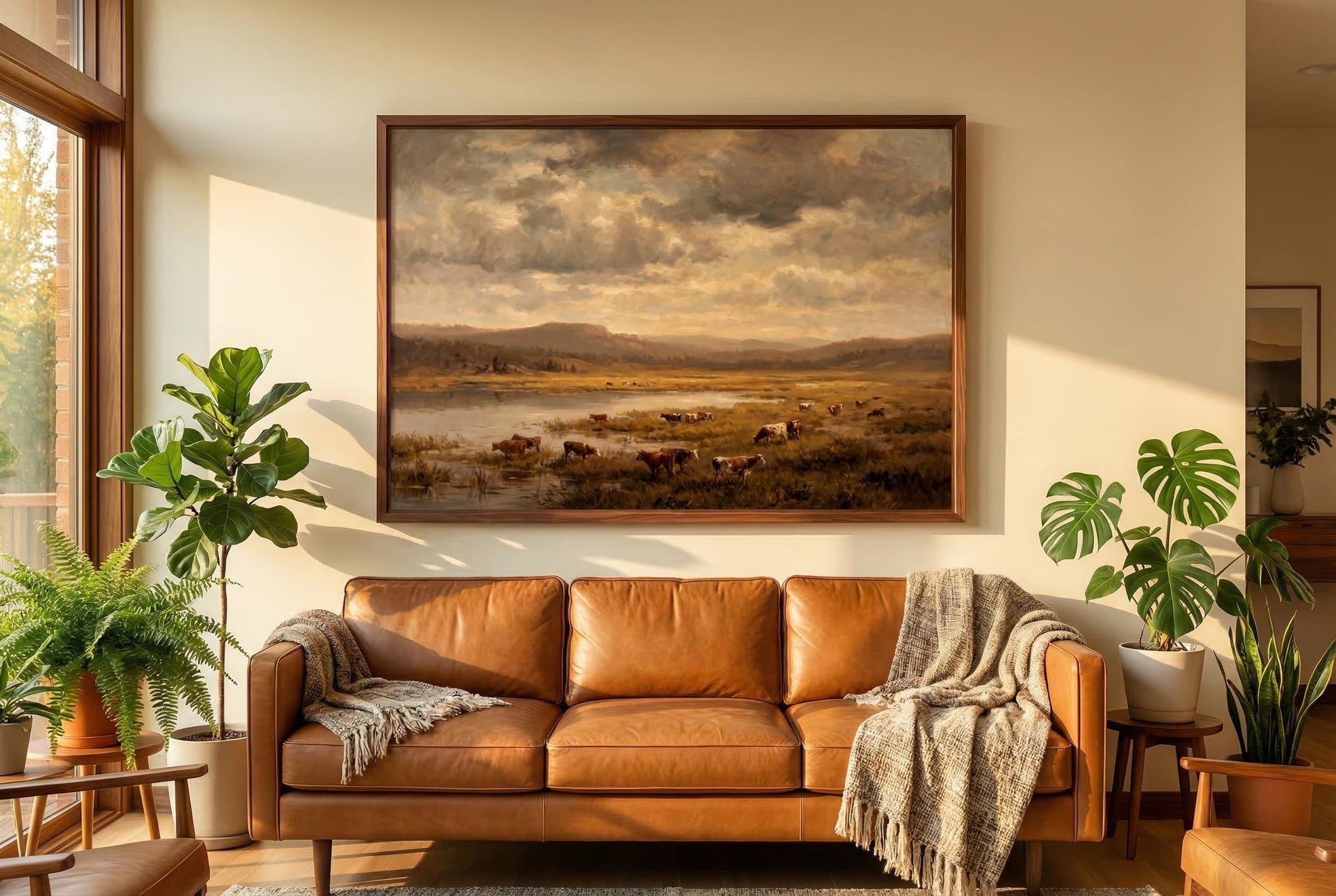 Vintage Cow Painting Moody Pastoral Landscape Art Rustic Farmhouse Wall Decor Framed Canvas Print