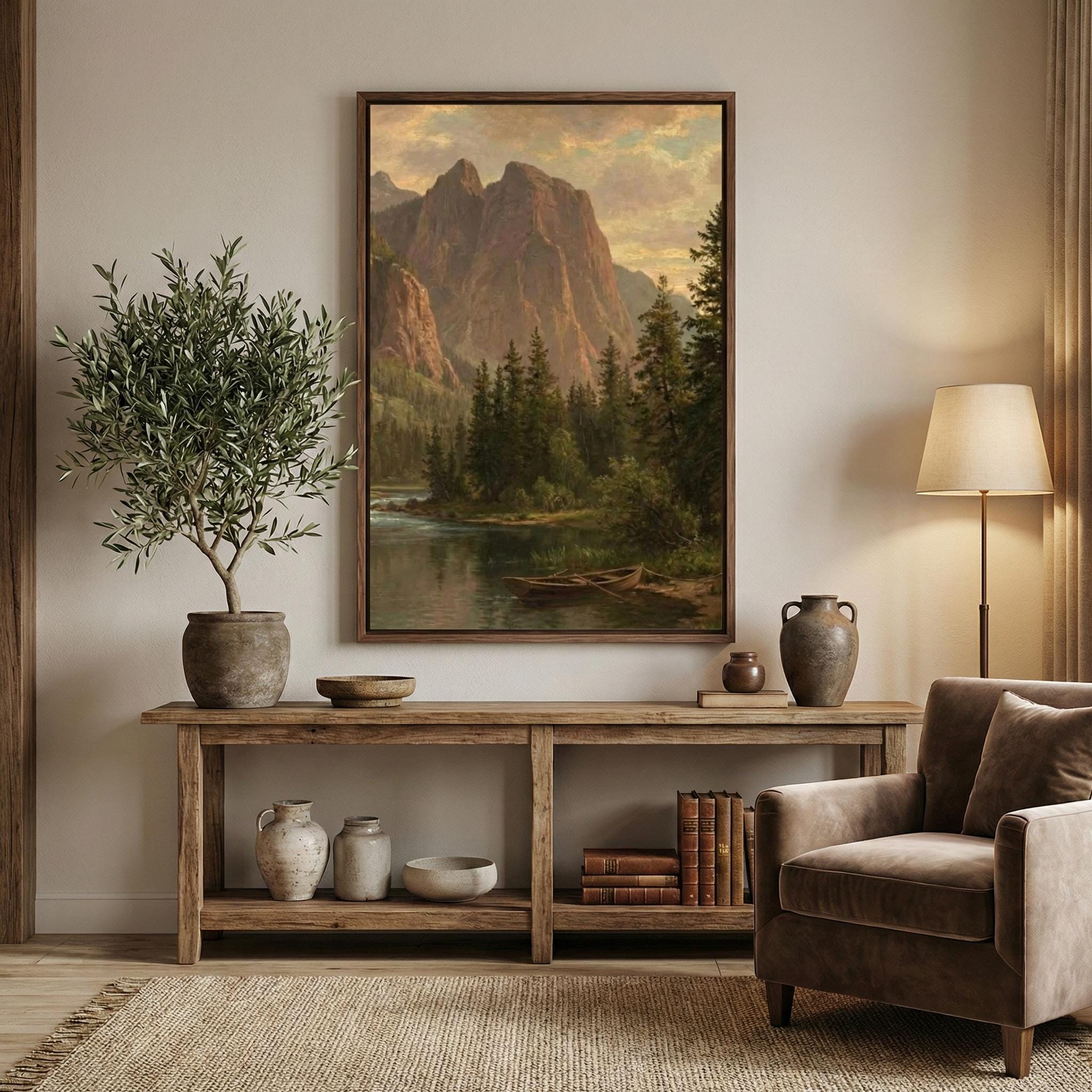 Vintage Mountain Lake Art: Rustic Cabin Landscape in Warm Earth Tones