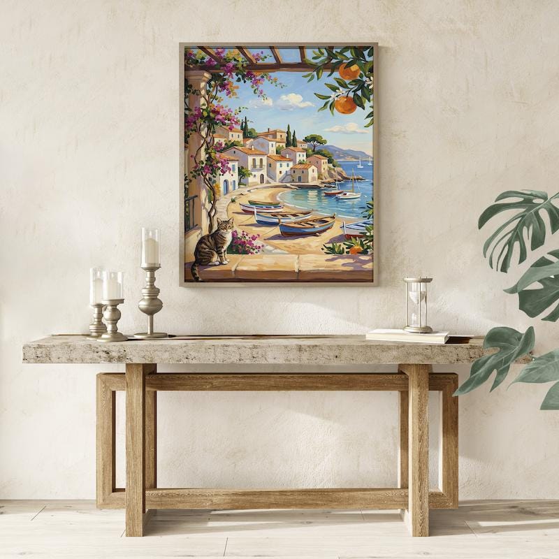 Italian Coastal Wall Art: Mediterranean View with Cat - Vibrant Colors
