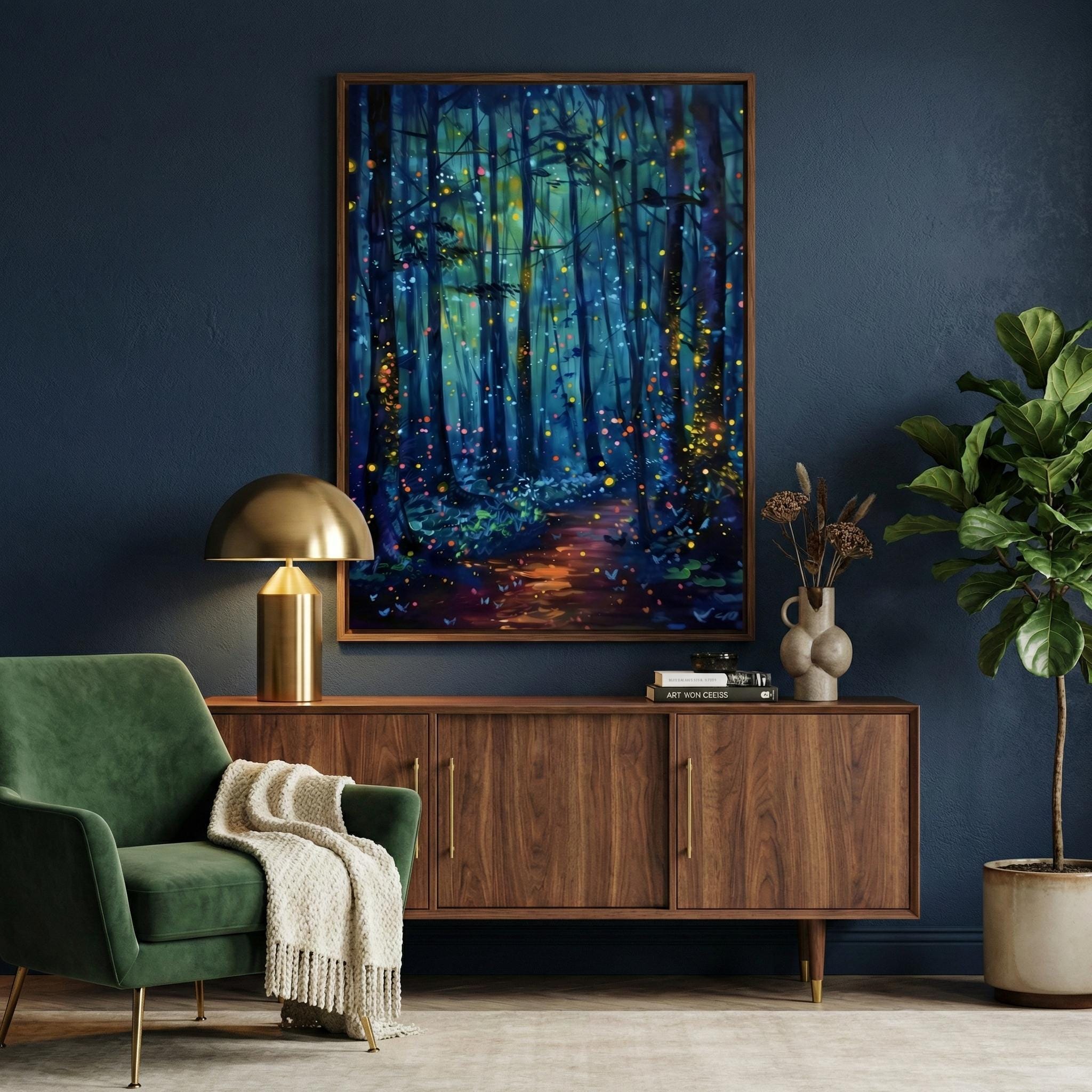 Enchanted Forest Wall Art: Glowing Fireflies, Night Path