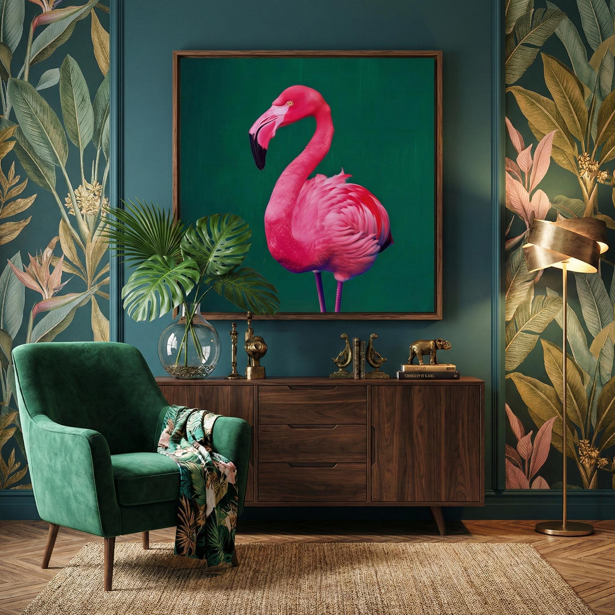 Bright Pink Flamingo Wall Art - Neon Colors with Emerald Green Background
