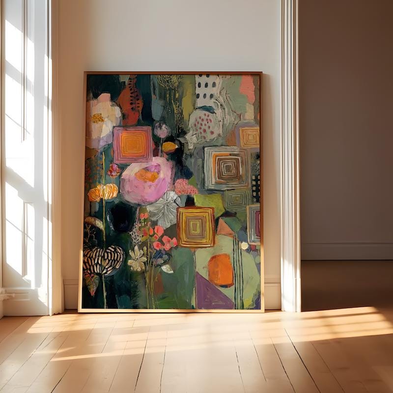 Floral Wall Art Print: Vibrant Boho Colors - Mixed Media Style