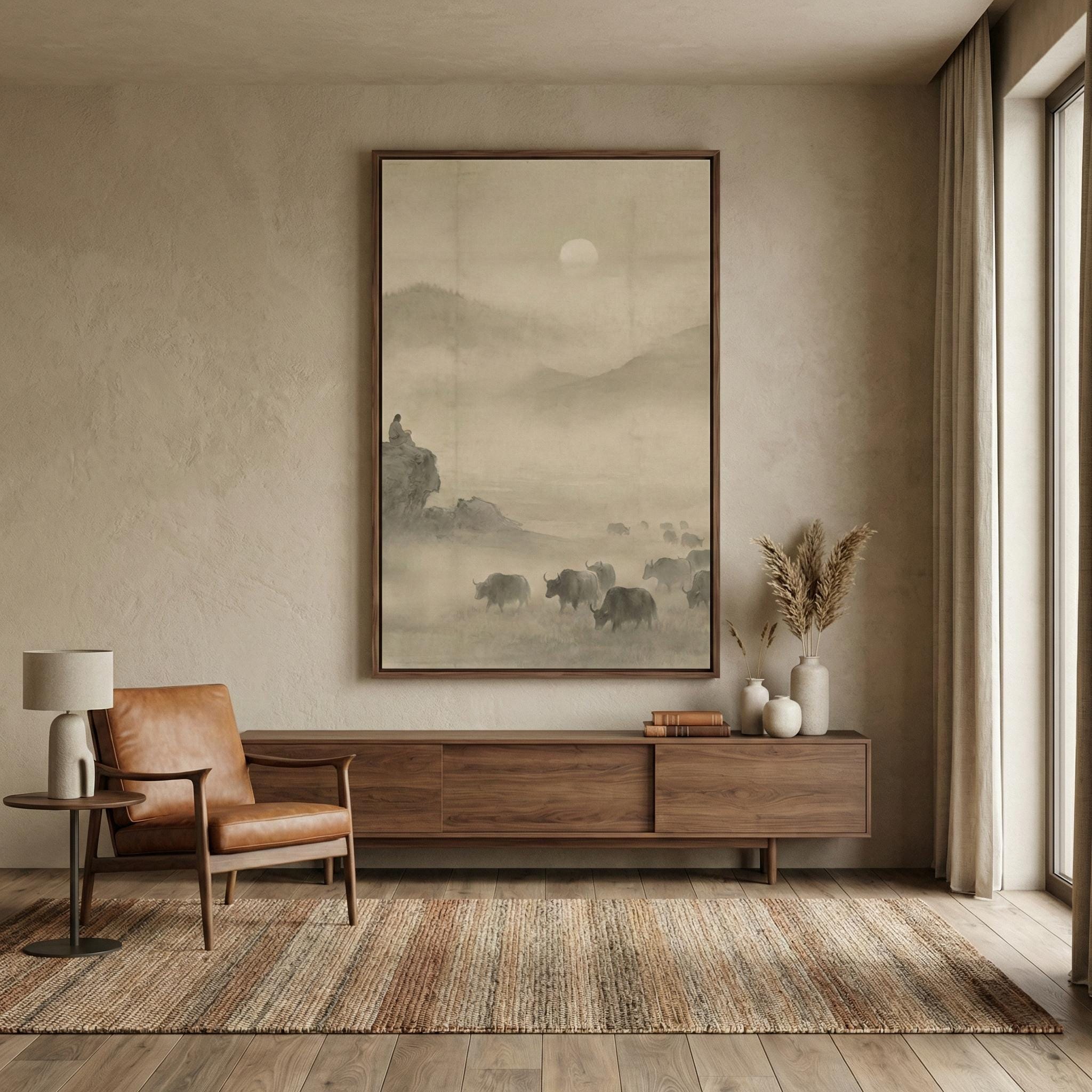 Misty Mountain Landscape: Zen Ink Wash Art (Sepia Tone)